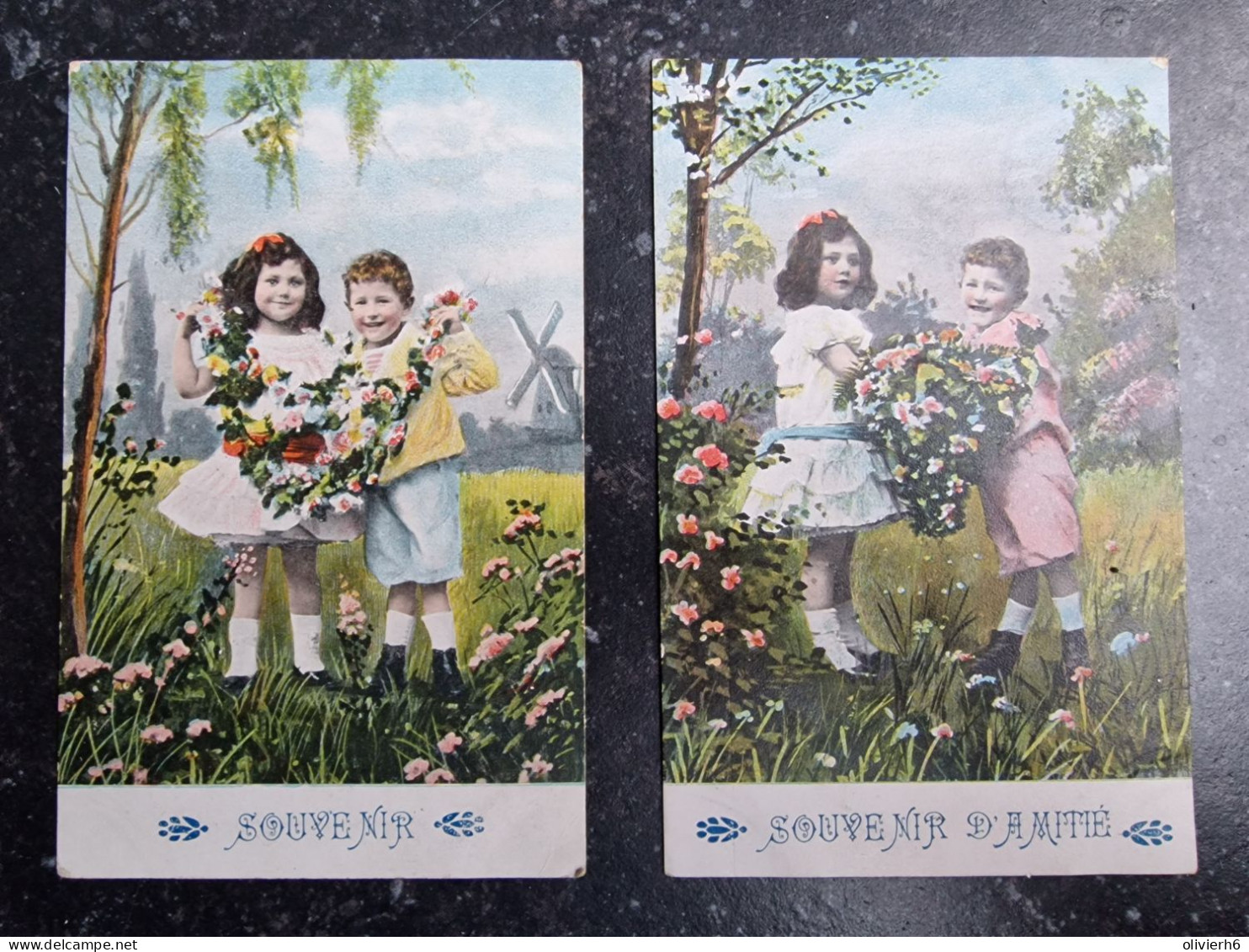 SERIE 6 CP FANTAISIE (V1917) JEUNES ENFANTS - FLEURS - CAMPAGNE - MOULIN (5 Vues) Circulée En 1908 - Collections & Lots