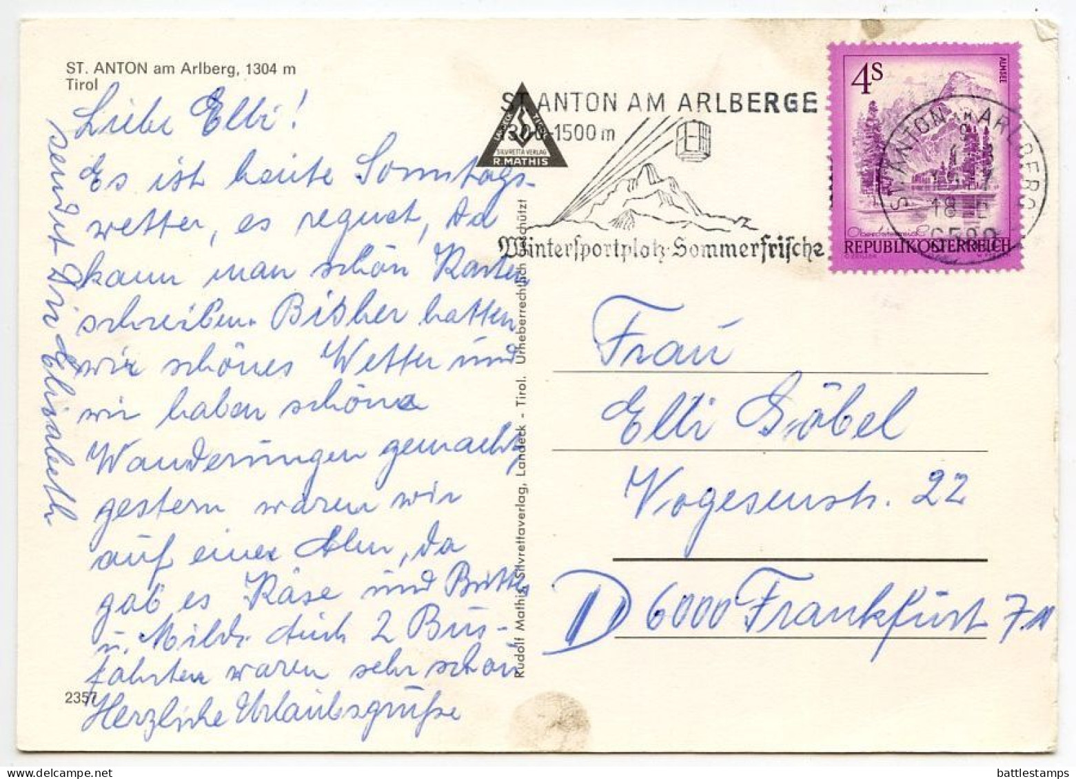 Austria 1977 Postcard St. Anton Am Arlberg - Tirol - Scenic View; 4s. Almsee Stamp: Slogan Cancel W/ Cable Car - St. Anton Am Arlberg