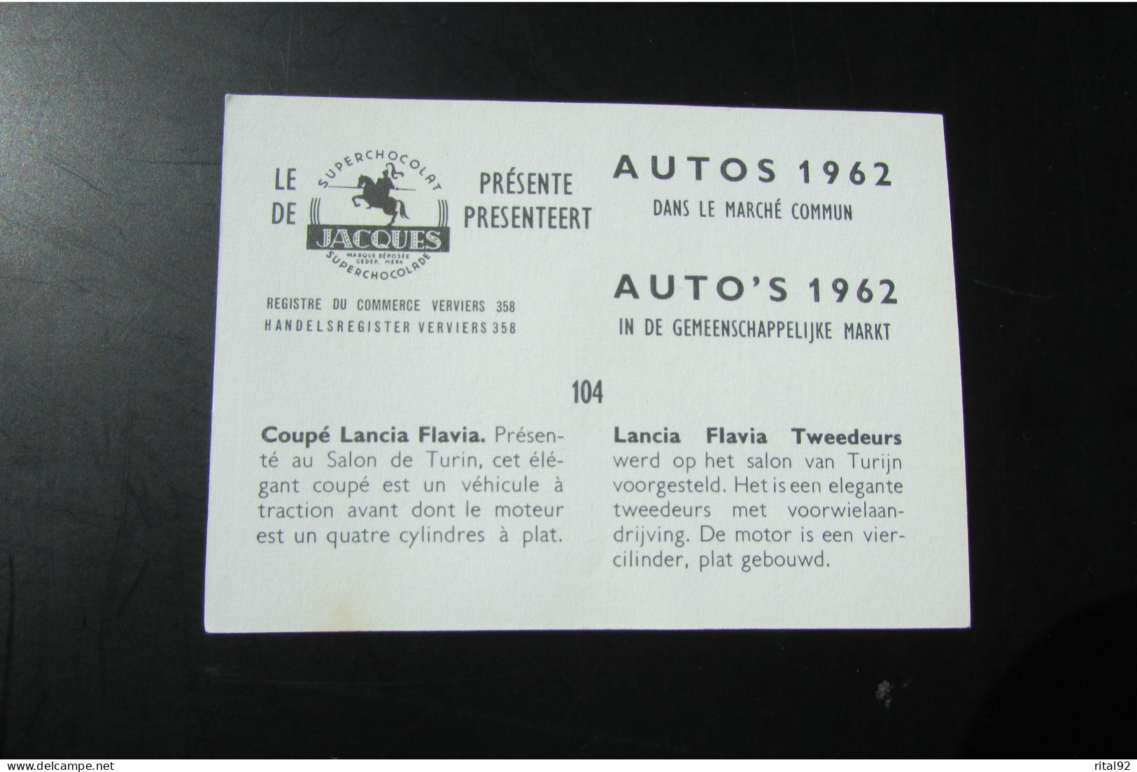 Chromo "Chocolat JACQUES" - Série "AUTOS 1962" - Jacques