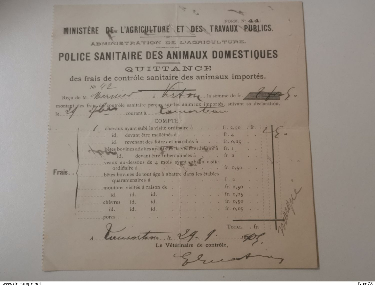 Quittance, Police Sanitaire Des Animaux Domestiques, Virton 1903 - Otros & Sin Clasificación