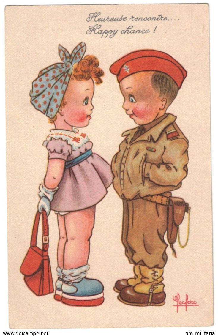 CPA : HEUREUSE RENCONTRE HAPPY CHANCE - ENFANTS - 1ère ARMÉE FRANÇAISE LIBÉRATION TENUE US ARMY - ILLUSTRATION LECLERC - Leclerc