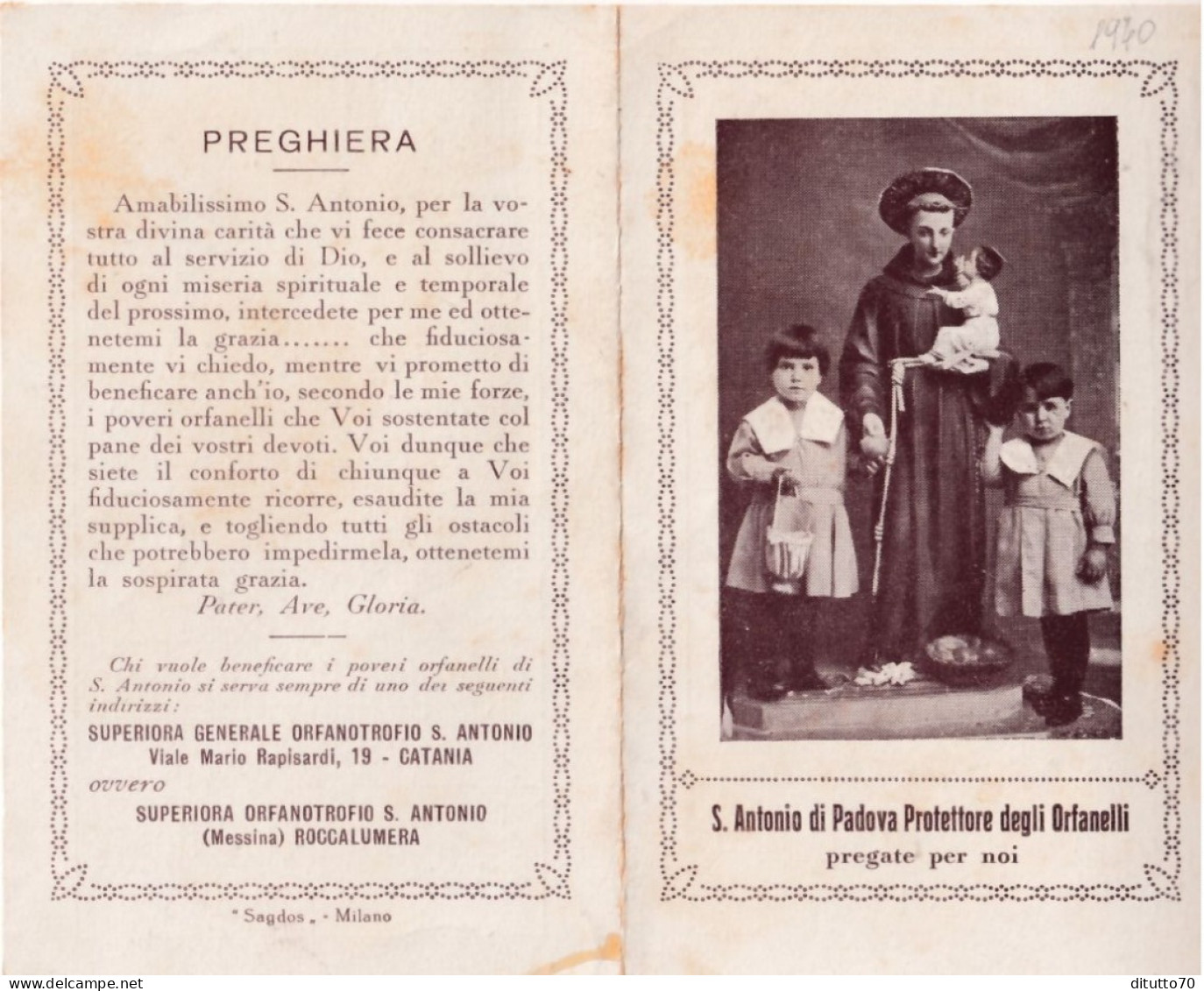 Calendarietto - Superiora Generae Orfanotrofio S.antonio - Catania - Roccalumera - Messina - Anno 1940 - Small : 1921-40