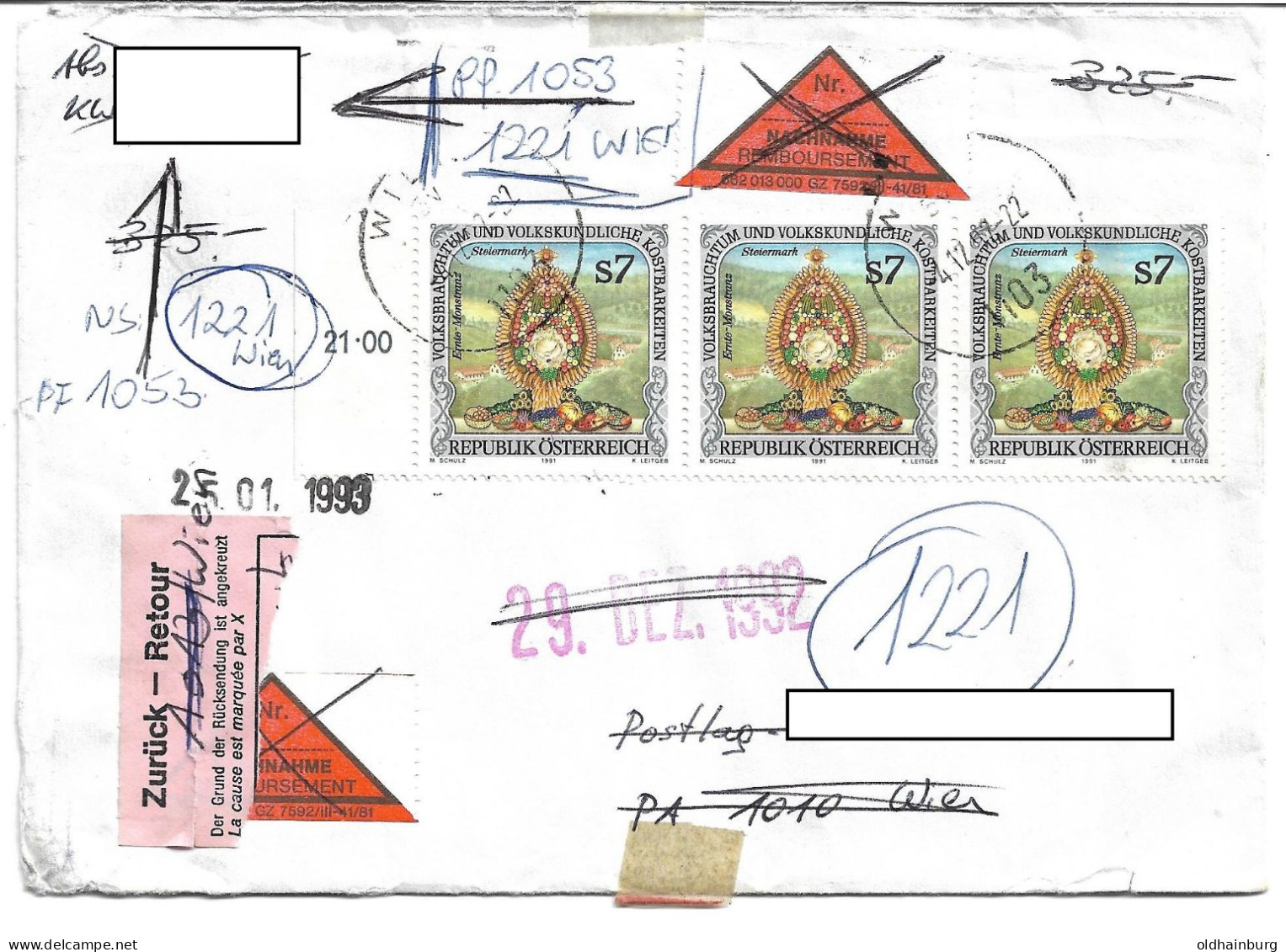 0501l: Österreich 1991, Volksbrauchtum Ernte- Monstranz Steiermark Auf Nachnahme- Brief, Portorichtig - Briefe U. Dokumente