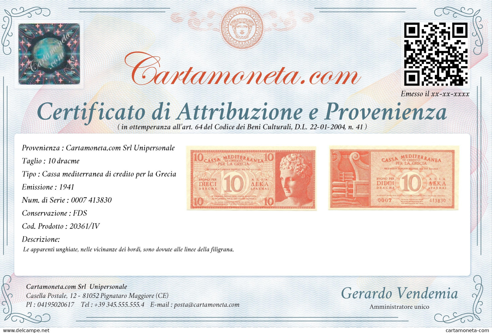 10 DRACME CASSA MEDITERRANEA DI CREDITO PER LA GRECIA 1941 FDS - Altri & Non Classificati