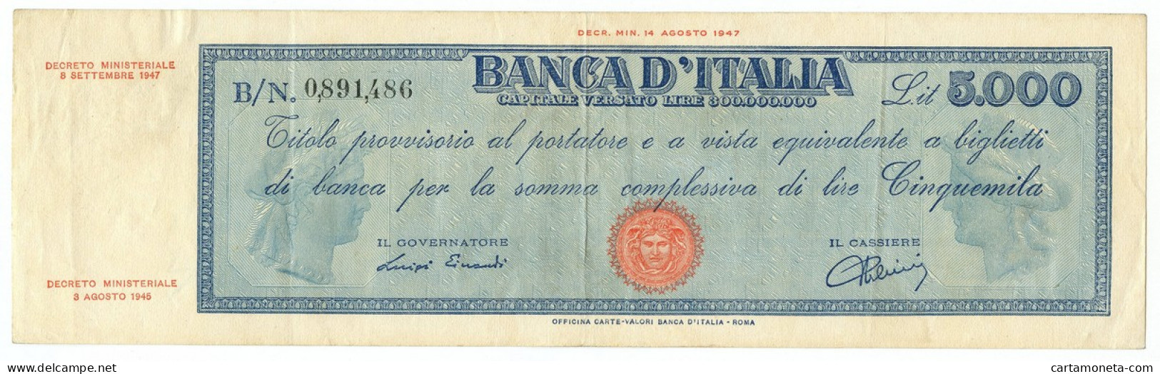 5000 LIRE TITOLO PROVVISORIO MEDUSA REPUBBLICA ITALIANA 08/09/1947 BB+ - Sonstige & Ohne Zuordnung