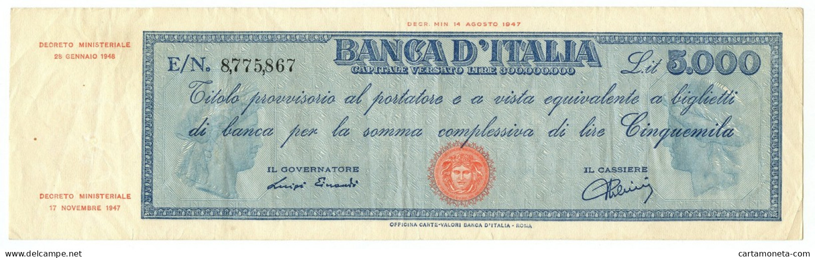 5000 LIRE TITOLO PROVVISORIO MEDUSA REPUBBLICA ITALIANA 28/01/1948 BB/BB+ - Otros & Sin Clasificación