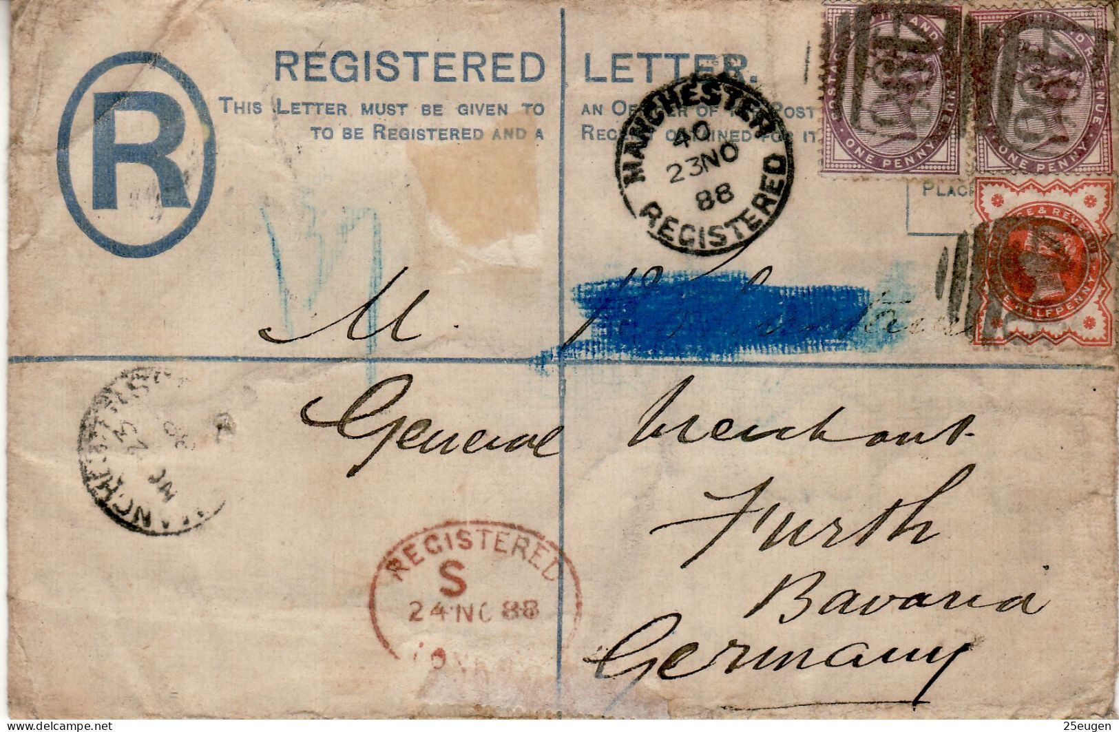 GREAT BRITAIN 1888 R - LETTER SENT FROM MANCHESTER TO FUERTH - Storia Postale