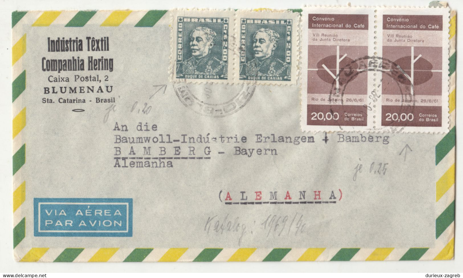 Industria Textil Companhia Hering, Blumenau Company Air-mail Letter Cover Posted 196? To Germany B200720* - Lettres & Documents