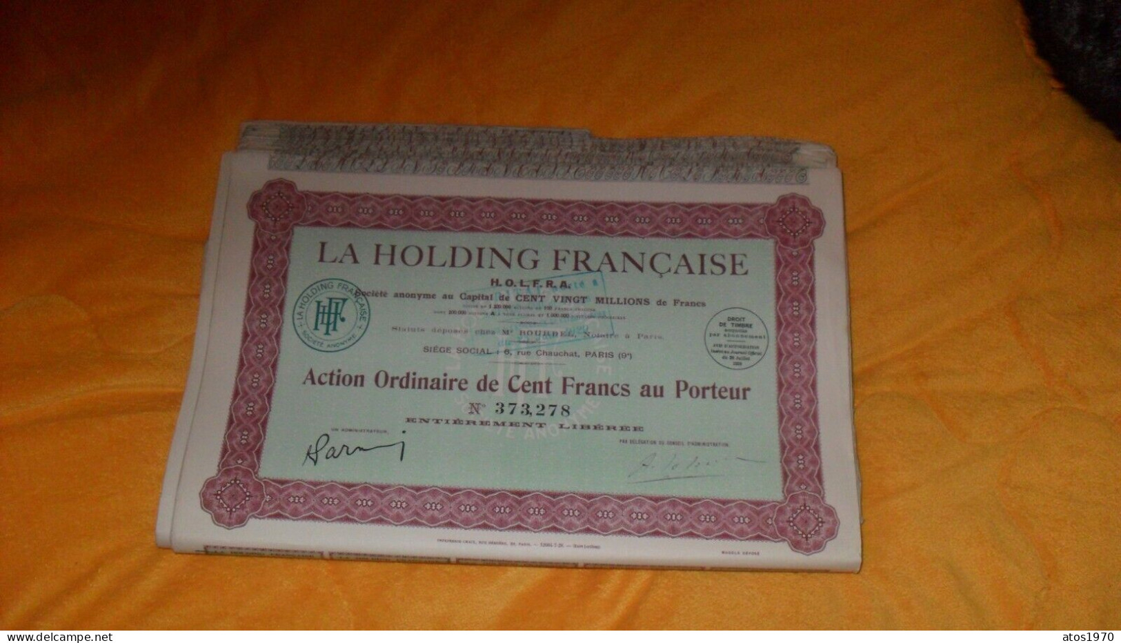 GROS LOT DE 140 ACTIONS LA HOLDING FRANCAISE 1929..MANQUE 2 COUPONS.. - J - L