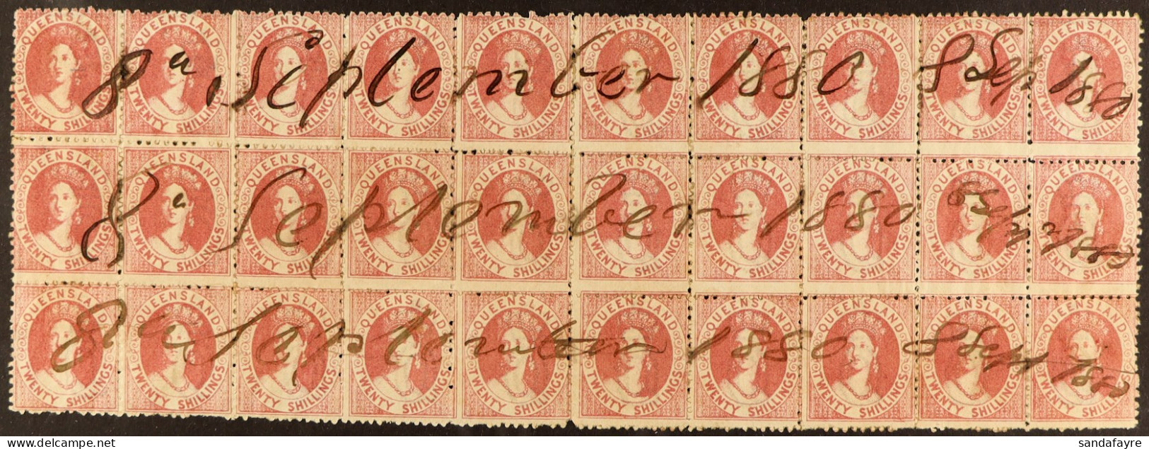 QUEENSLAND 1880 20s Rose (SG 127) Spectacular BLOCK OF THIRTY Being The Full Width Of The Sheet And 3 Rows Deep (10 X 3) - Other & Unclassified