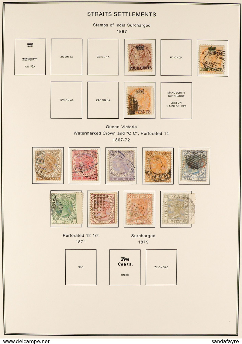 1867 - 1941 COLLECTION Of 200+ Stamps On Album Pages, Note 1867 4c On 1a, 8c On 2a & 32c On 2a, 1867-72 Set, 1880 10 On  - Straits Settlements