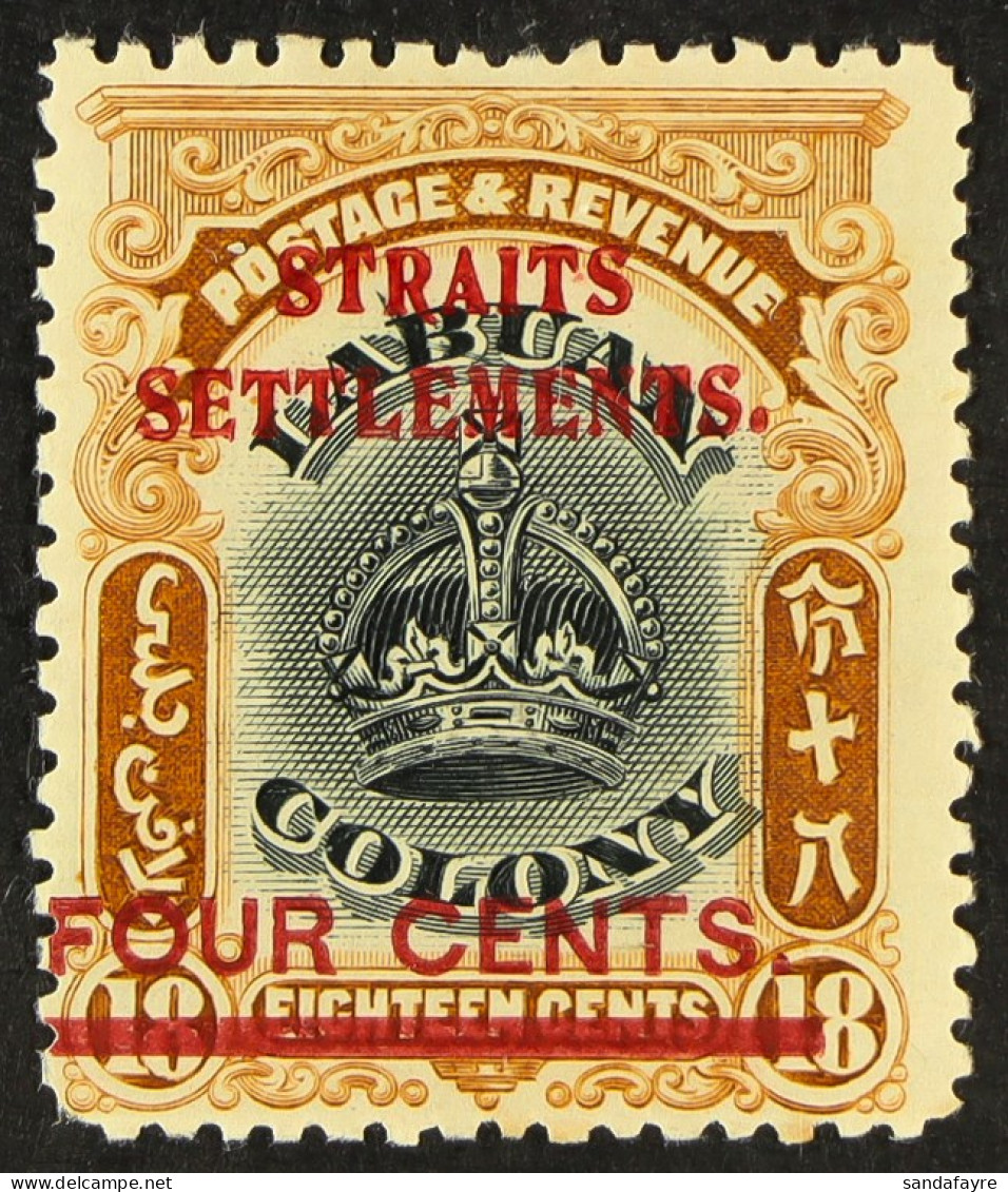 1906-07 4c On 18c Black & Pale Brown Overprint LINE THROUGH 'B' Variety, SG 146d, Mint Part Gum, Fresh. - Straits Settlements