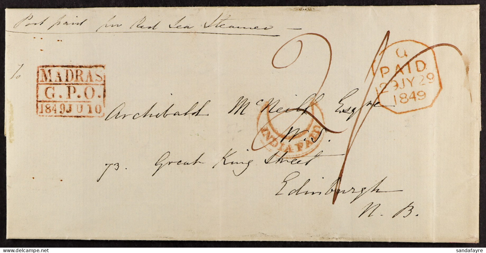 STAMP - 1849 (10th June) A Letter With Boxed 3-line â€˜MADRAS / G.P.O. / 1848 JU 10â€™ In Red, And Framed Crescent â€˜IN - ...-1840 Préphilatélie