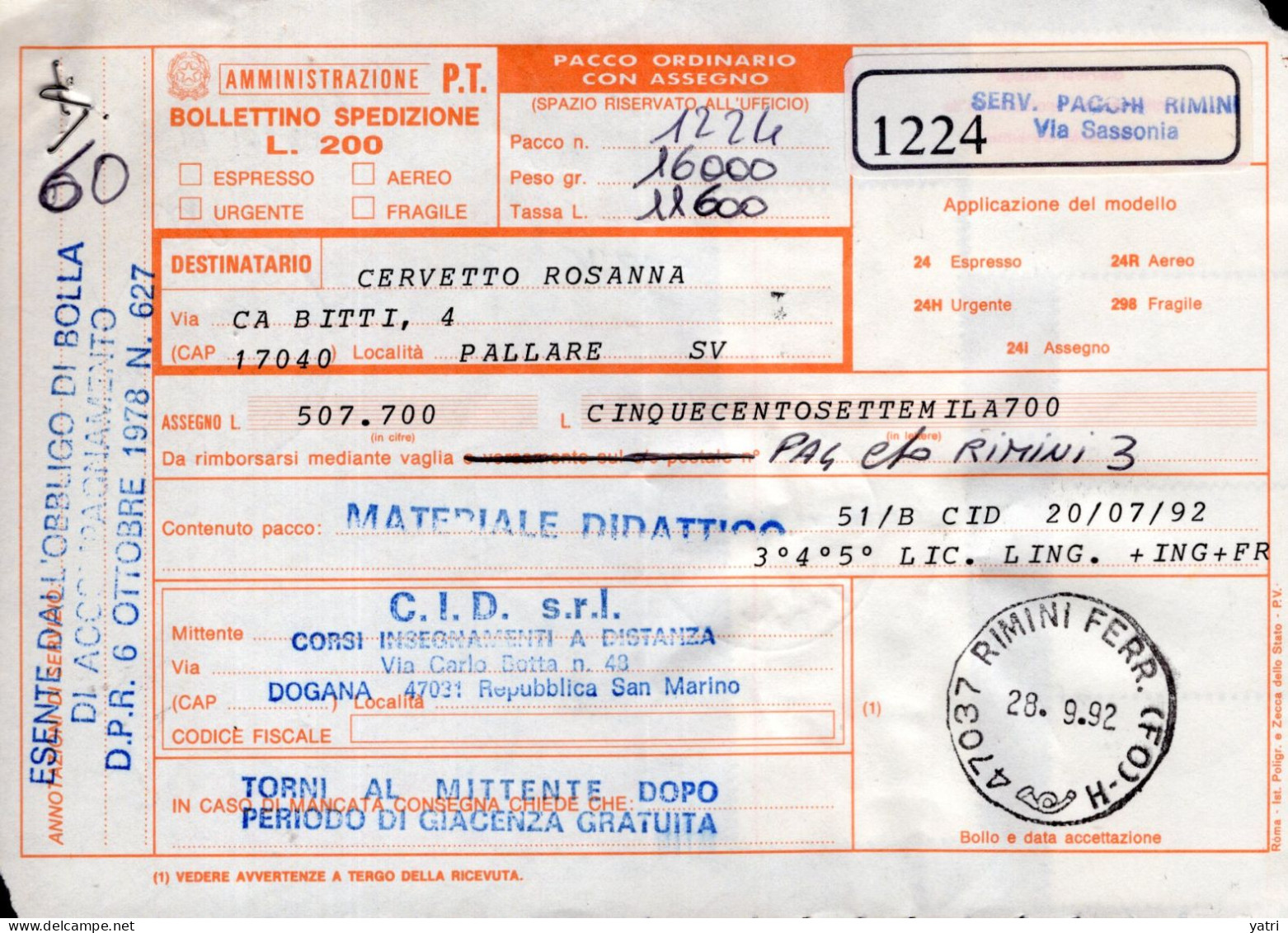 Italia (1992) - Bollettino Pacchi Contrassegno Da San Marino (spedito A Rimini) Per Pallare (SV) - (materiale Didattico) - Paketmarken