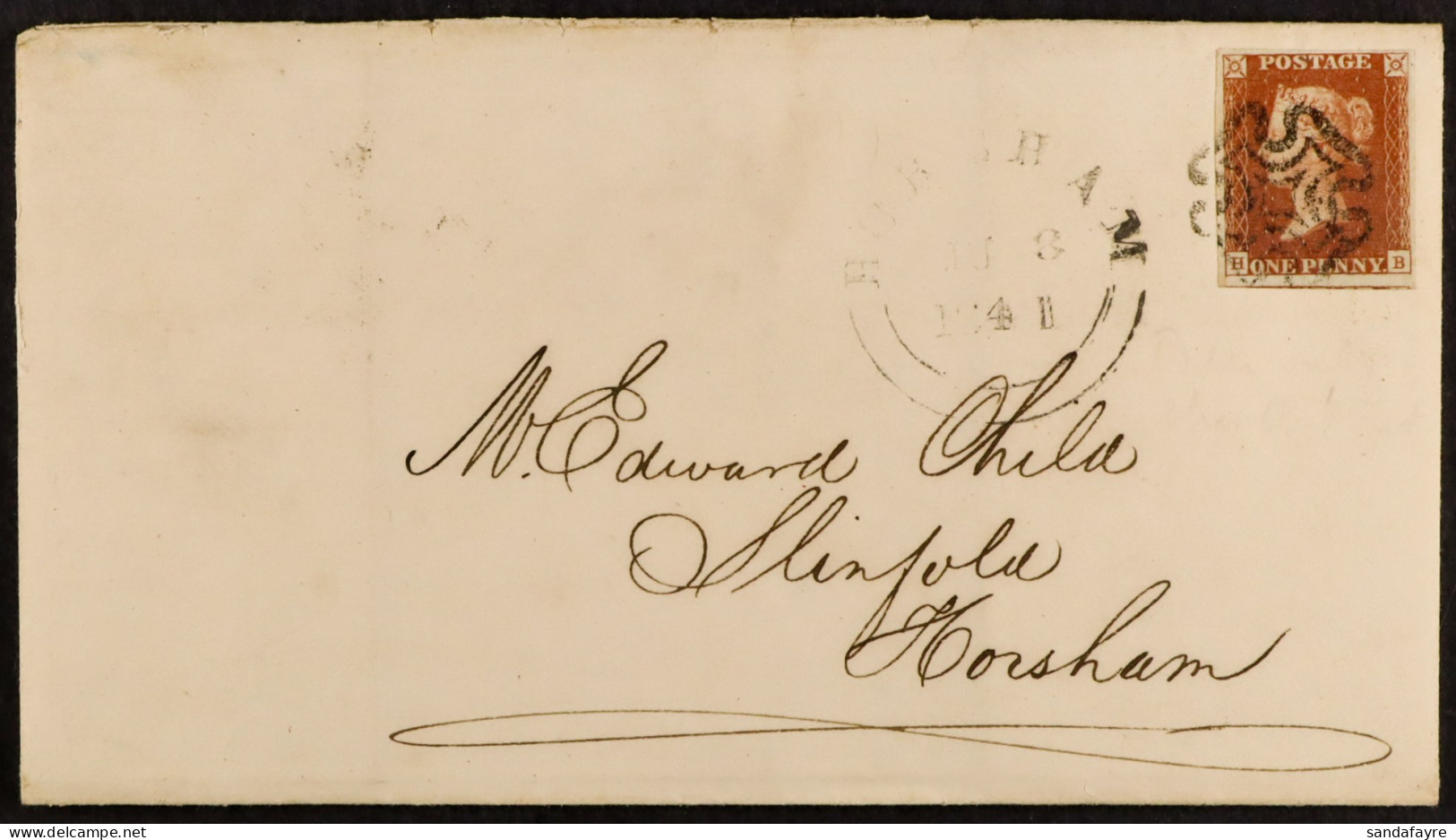 1841 (4 Jun) EL From Sunderland To Horsham Bearing 1d Red-brown 'HB' Plate 10 'black Plate' With 4 Good To Huge Margins, - Other & Unclassified