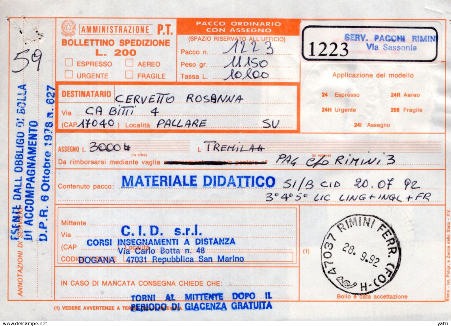 Italia (1992) - Bollettino Pacchi Contrassegno Da San Marino (spedito A Rimini) Per Pallare (SV) - (materiale Didattico) - Postal Parcels