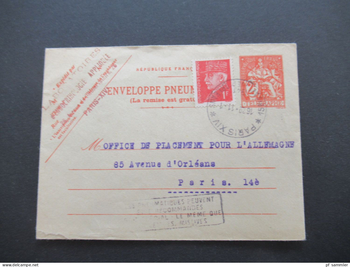 Frankreich Rohrpostumschlag RU 14 Verwendet 1943 Envelope Pneumatique / Mit Inhalt 4x Bon De Solidarité 1 Franc Notgeld - Pneumatic Post