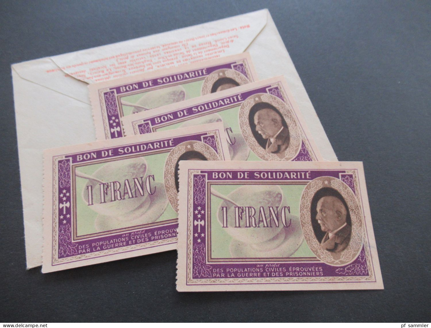Frankreich Rohrpostumschlag RU 14 verwendet 1943 Envelope Pneumatique / mit Inhalt 4x Bon De Solidarité 1 Franc Notgeld
