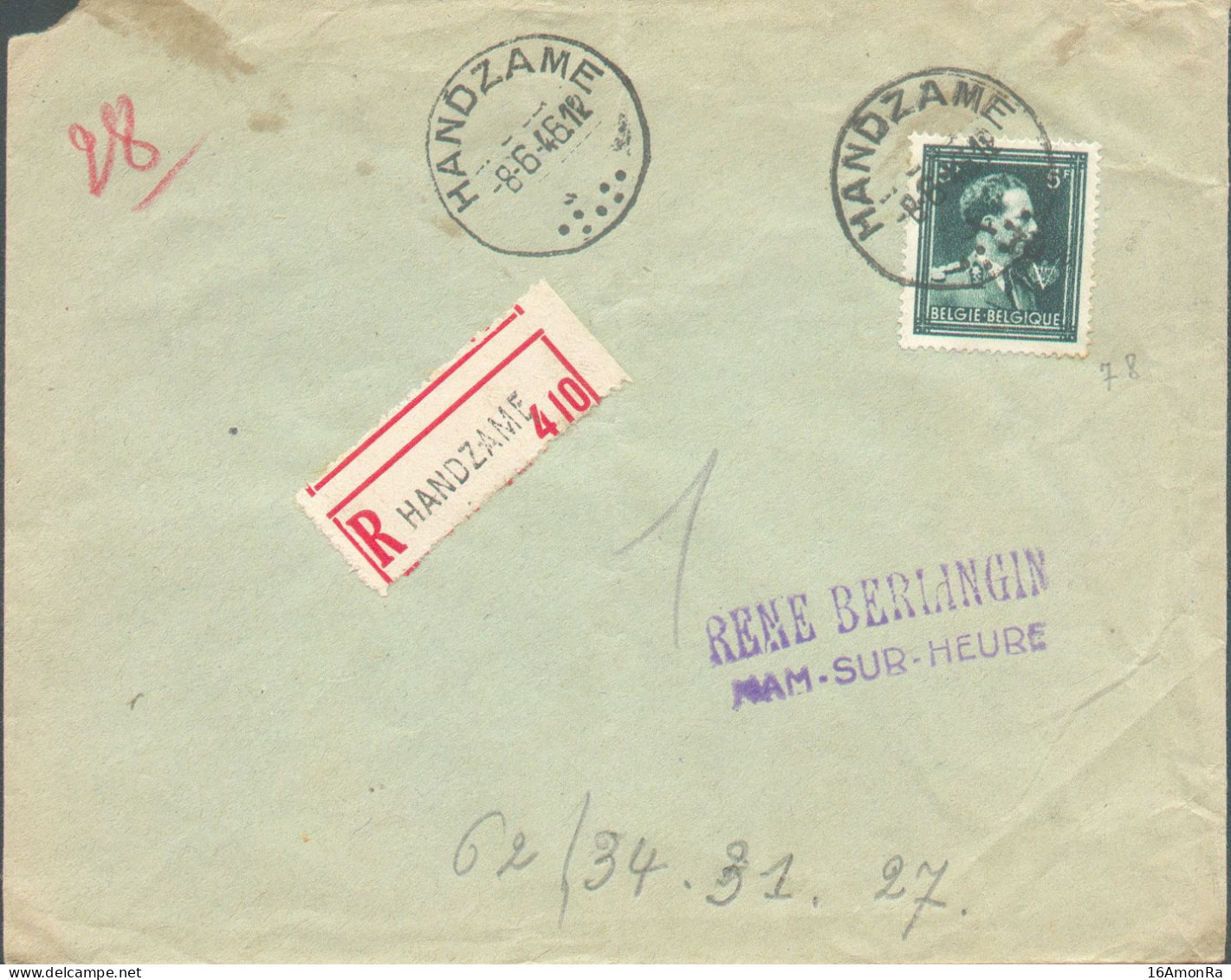 5Fr LEOPOLD III V - 10% Local Obl. Sc HANDZAME Sur Lettre Recommandée Du 8-6-1946 Vers Ham-sur-Heure - 21921 - 1946 -10%