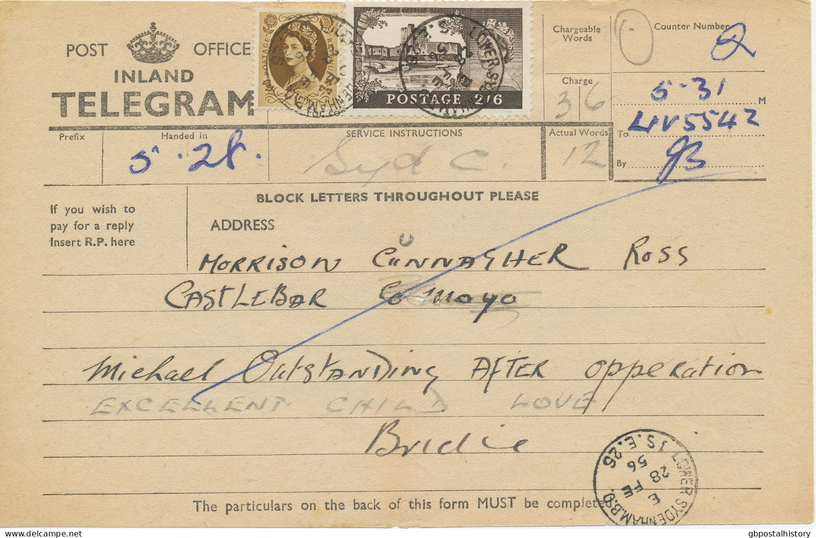 GB 1956, QEII British Castles 2sh6d Together With Wilding 1sh On Telegram Form (nail Hole) W. K1 "S.E. LOWER SYDENHAM - Storia Postale