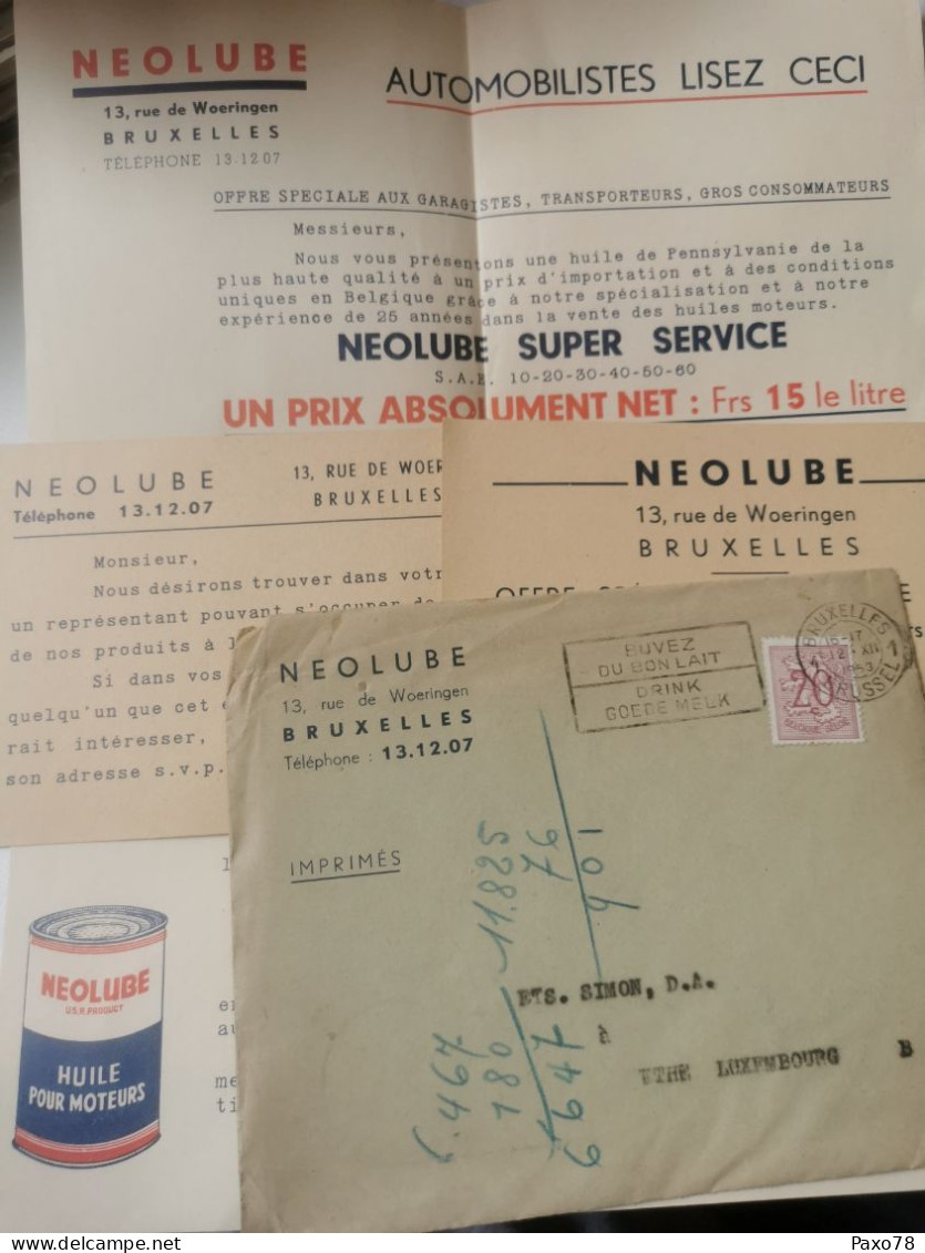 Enveloppe + Documents, Neolube, Huile Pour Moteurs 1953 - Brieven En Documenten
