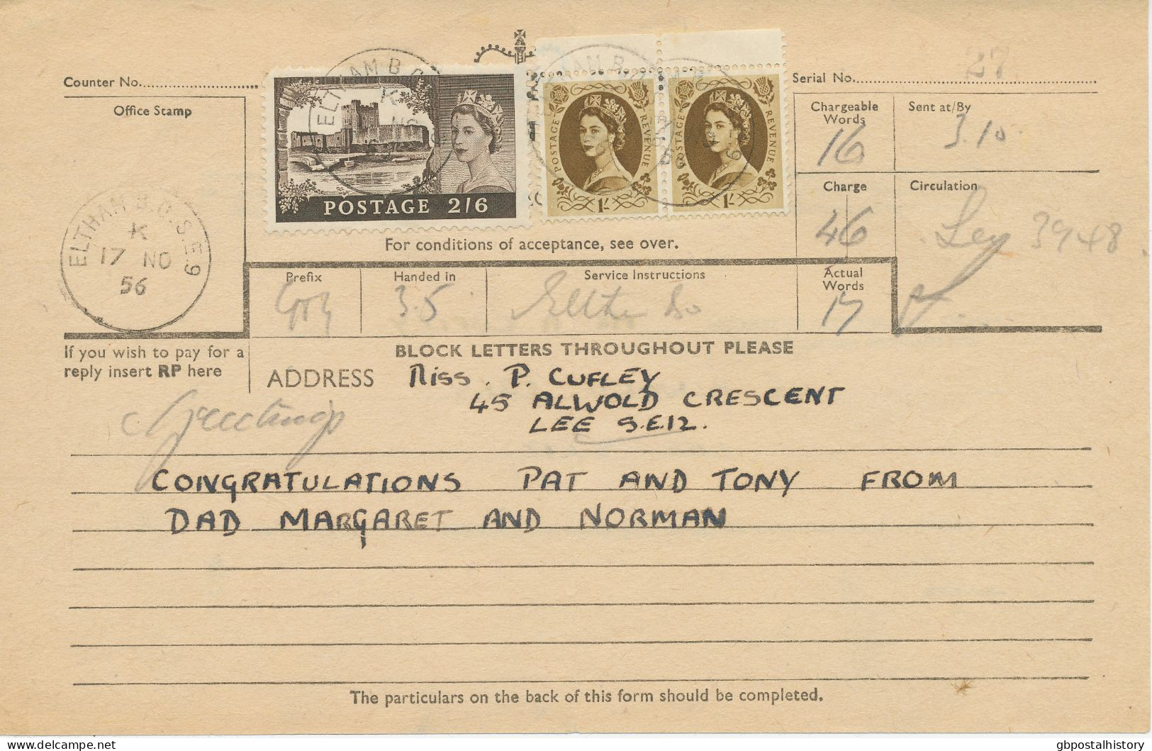 GB 17.11.1956, QEII British Castles 2sh6d (sound Used) W. Wilding 1sh (pair) On Superb Telegram Form W. K1 "ELTHAM B.O.S - Storia Postale