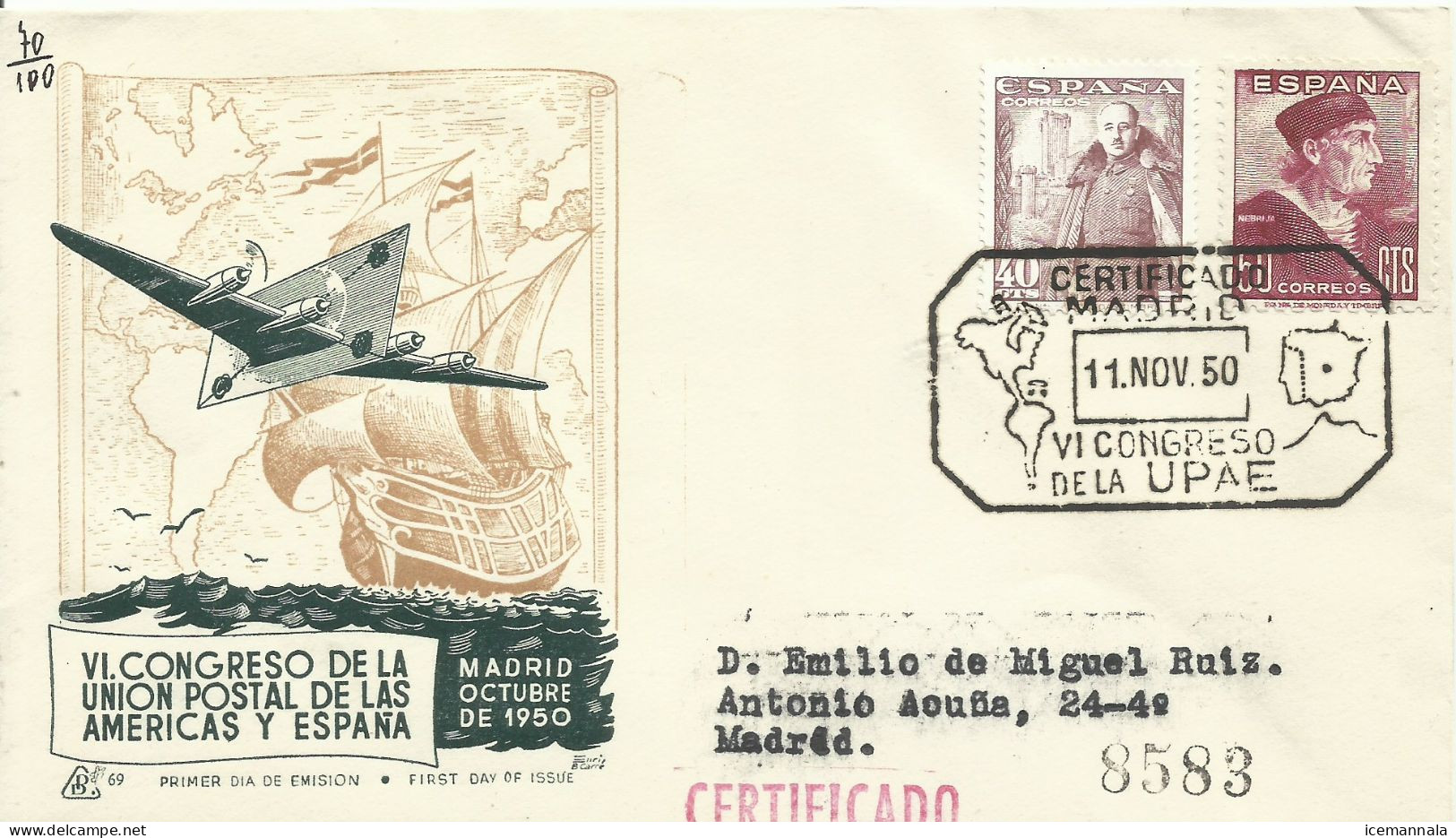 ESPAÑA, SOBRE  CONMEMORATIVO  AÑO 1951 - Briefe U. Dokumente