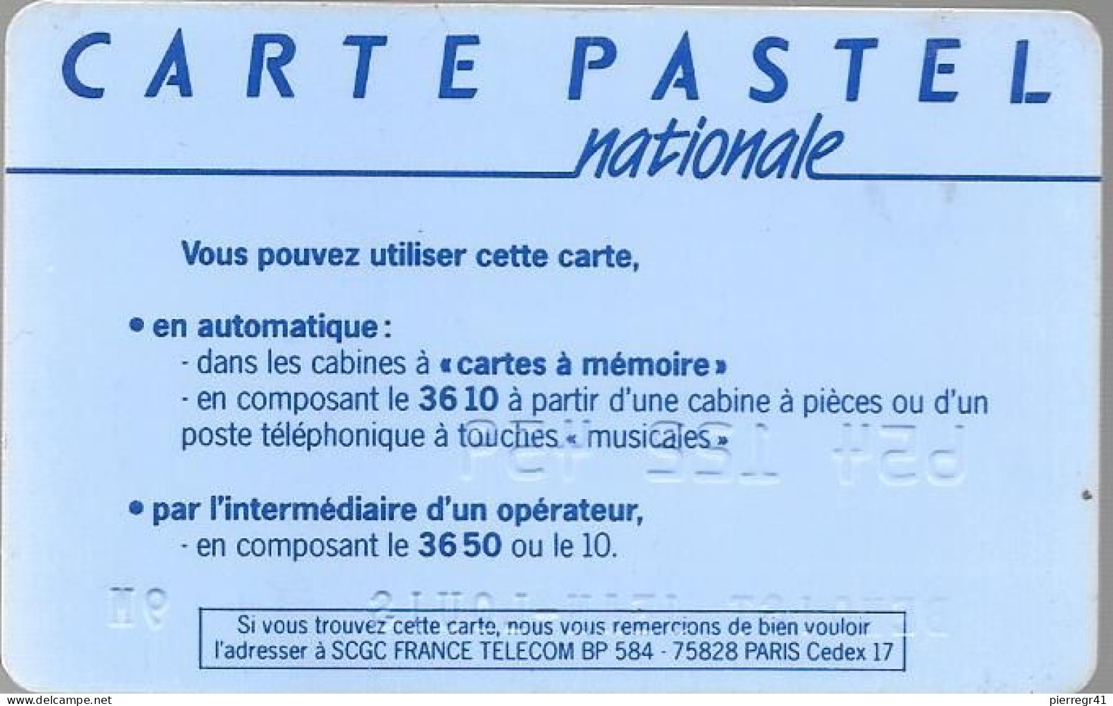 1-CARTE PUCE-BULL C-FRANCE TELECOM-PASTEL-NATIONALE- V°3650 / En Bas France Telecom BP584 75828-TBE -  Schede Di Tipo Pastel   