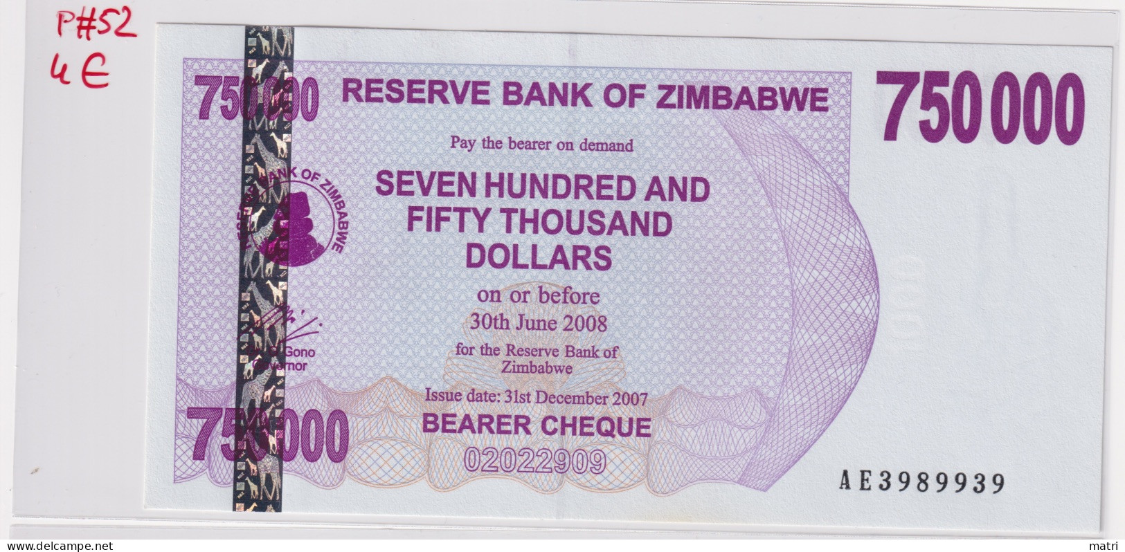 Zimbabwe 750000 Dollars 2008 P#52 UNC - Zimbabwe