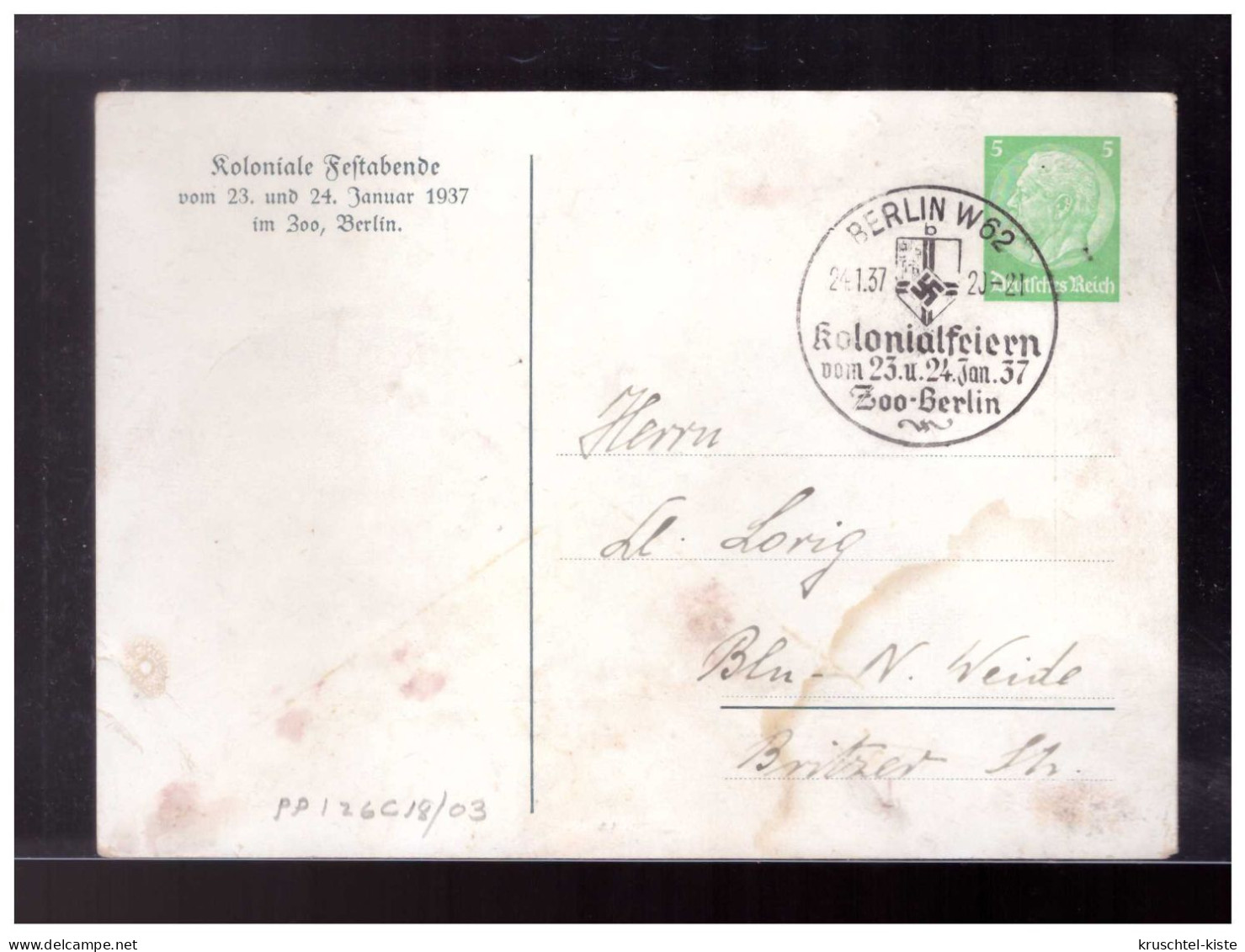 DT- Reich (023787) Privat Ganzsache PP126/ C18/03 Eingeborenenhütte Pontok In Südwestafrikamit SST Berlin Kolonialfeiern - Private Postal Stationery