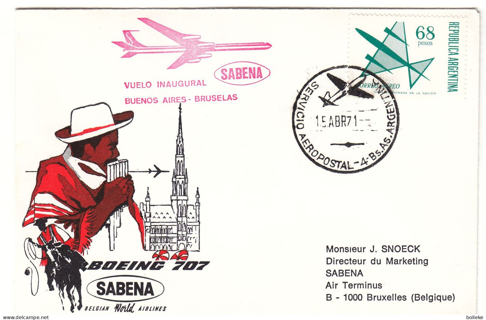 Argentine - Lettre De 1971 - Oblit Servicio Aeropostal Argentine - 1er Vol SABENA Buenos Airs Bruxelles - - Covers & Documents