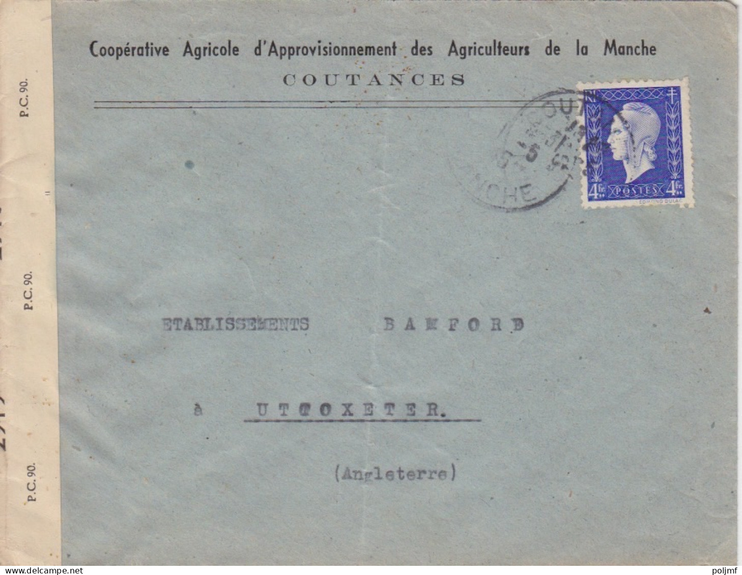 Lettre Obl. Coutances Le 31/5/45 Sur 4f Dulac N° 695 Pour L'Angleterre (tarif Du 1/2/42) + Censure Anglaise - 1944-45 Marianne De Dulac