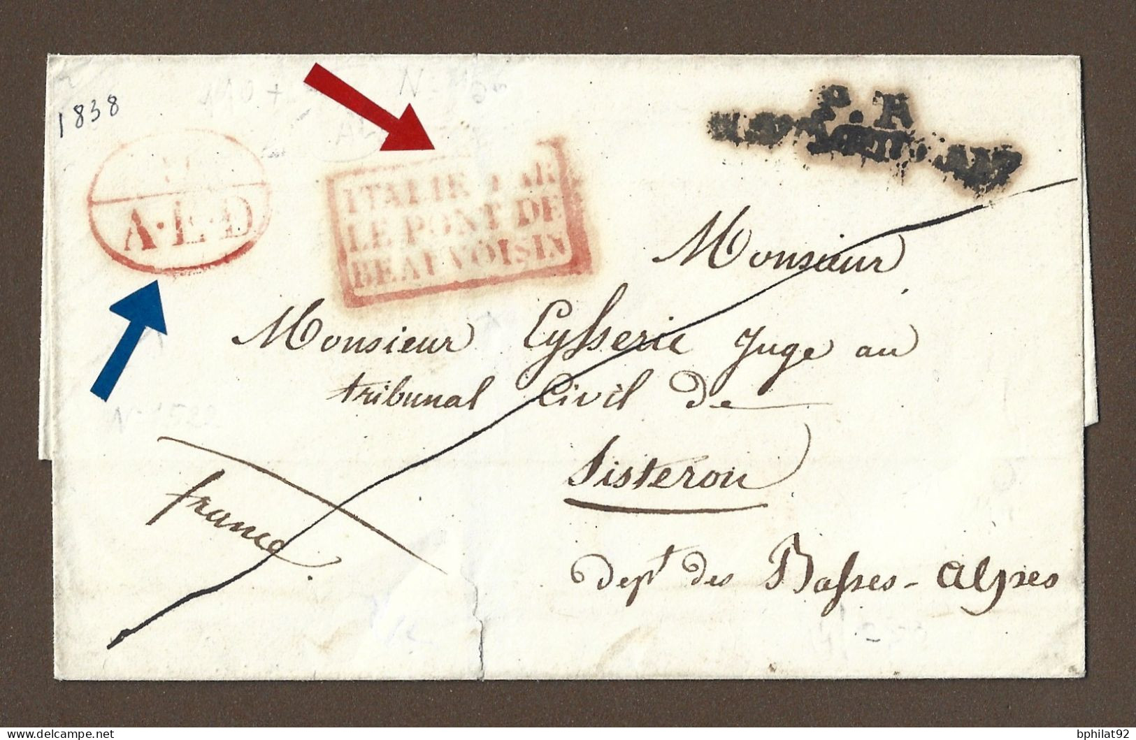 !!! MARQUE D'ENTRÉE ITALIE PAR LE PONT DE BEAUVOISIN, POUR LA FRANCE, DE 1838 - Marques D'entrées