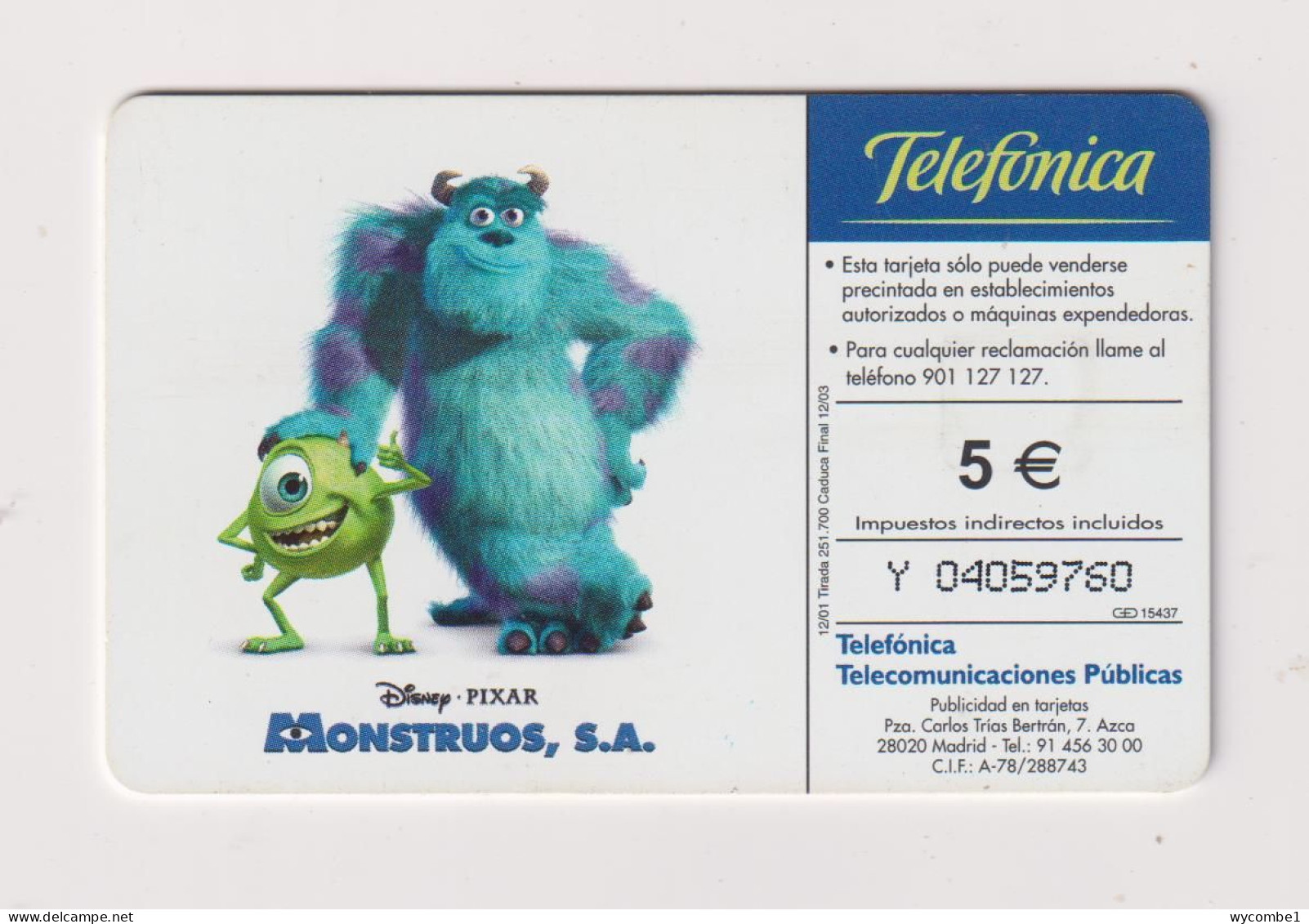 SPAIN - Disney Pixar Chip Phonecard - Herdenkingsreclame