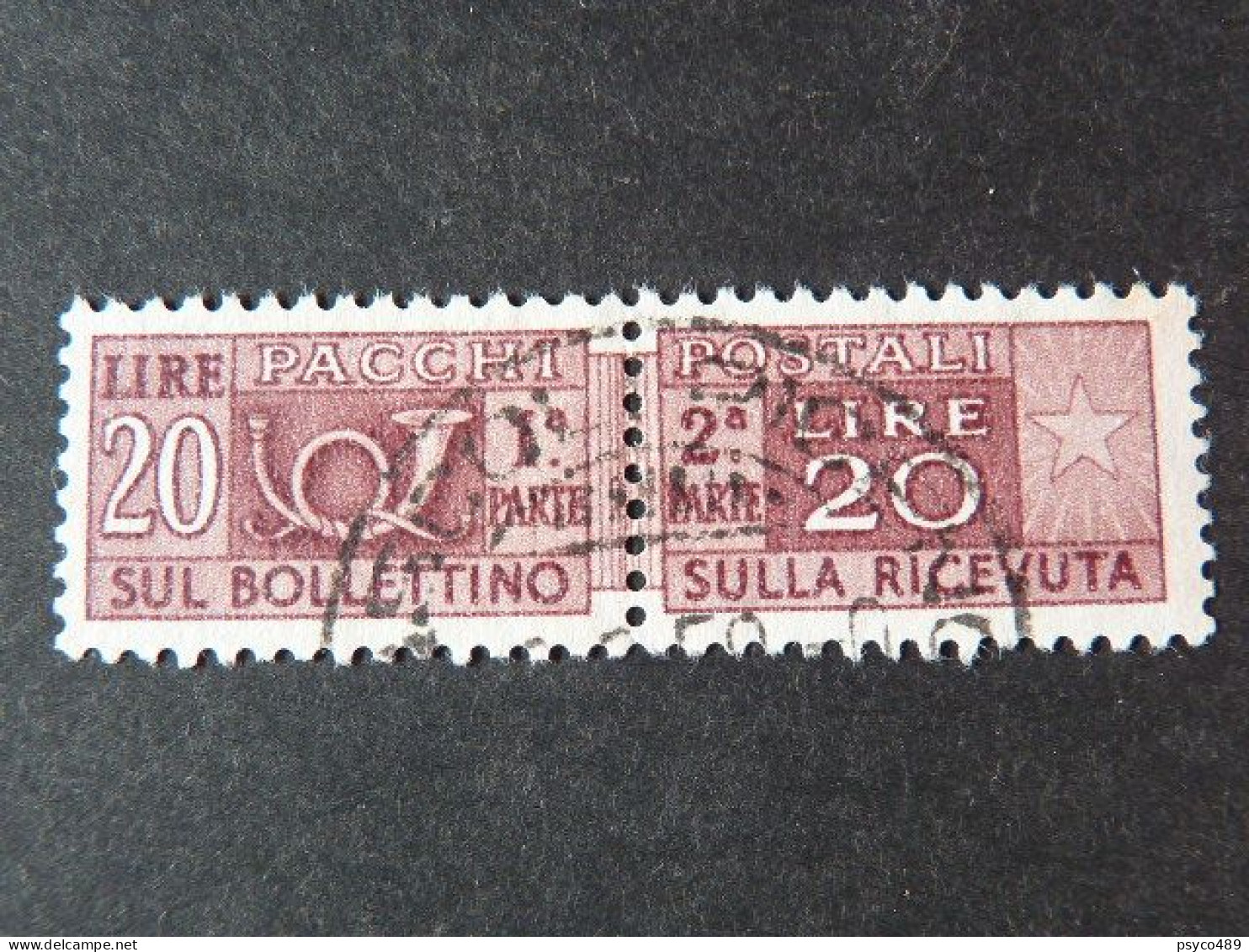ITALIA Repubblica Pacchi -1955- "Corno Cifra" £. 20 Varietà Filigrana USº (descrizione) - Paketmarken