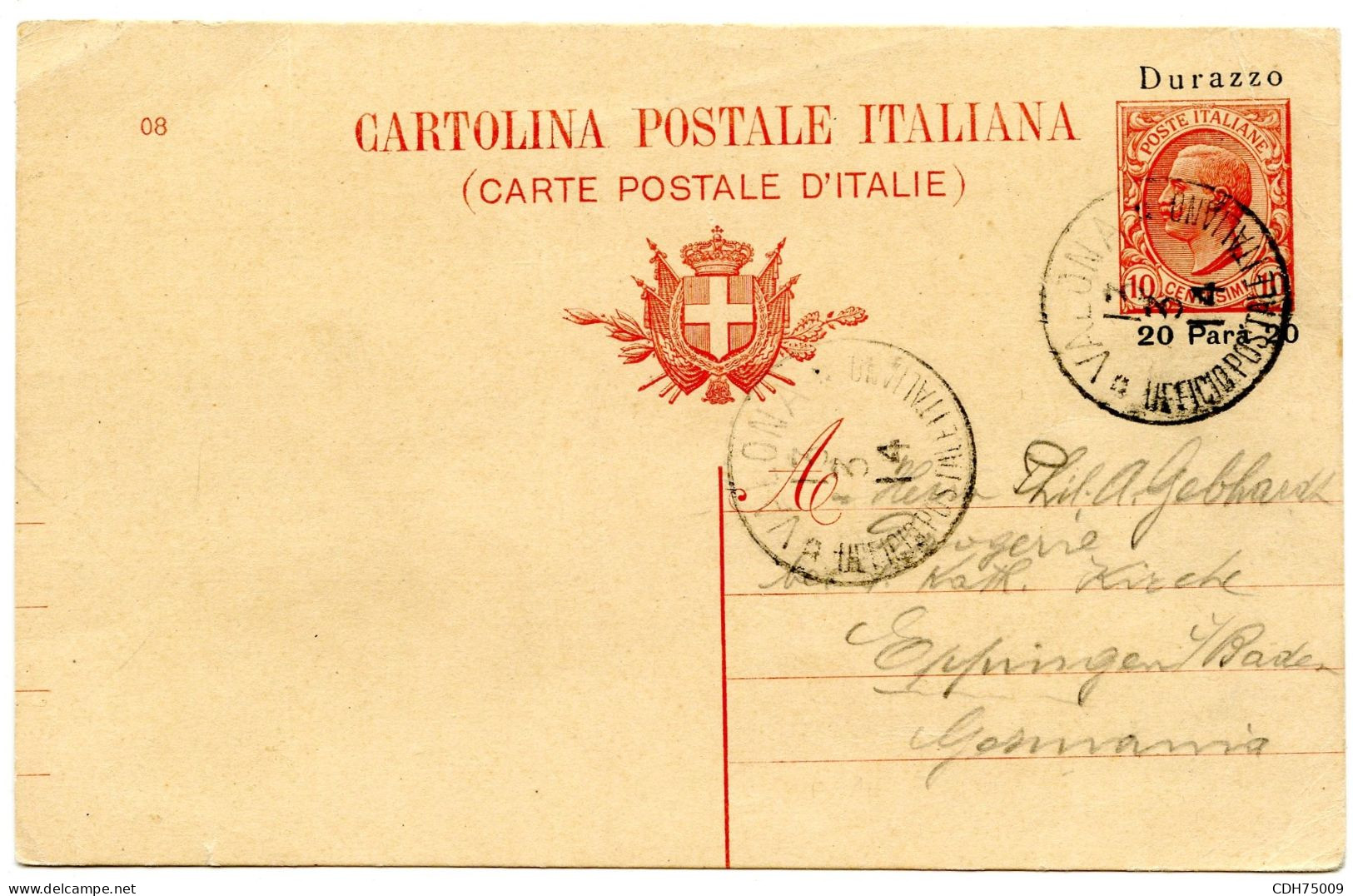 ITALIE - LEVANT - CARTE POSTALE 10C LEONI DE VALONA POUR L'ALLEMAGNE, 1914 - Albania