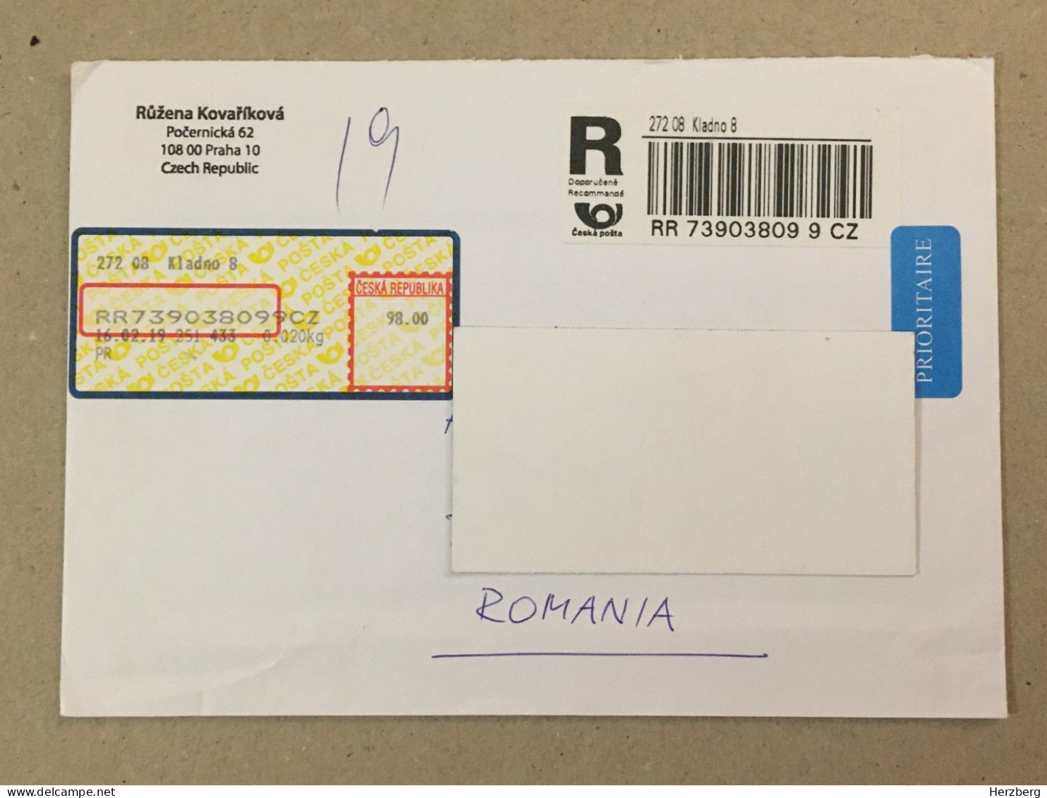 Ceska Republika Ceska Posta Used Letter Stamp Circulated Cover Registered Barcode Label Printed Sticker Praha 2019 - Andere & Zonder Classificatie