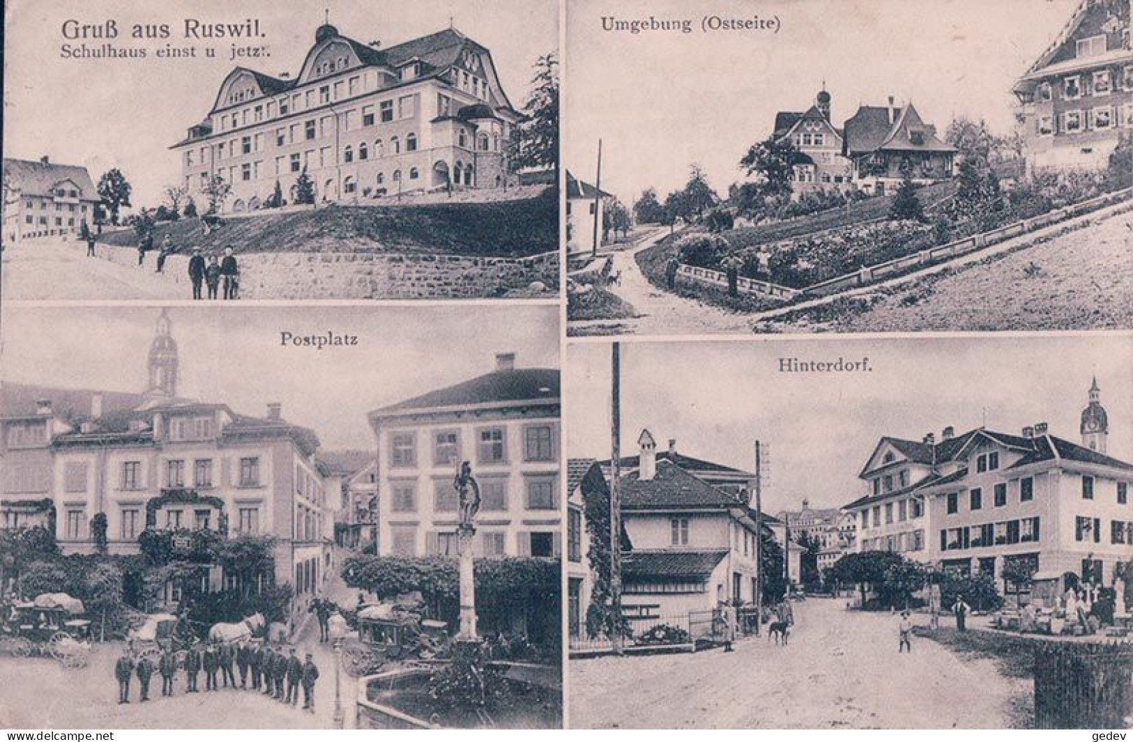 Gruss Aus Ruswil LU, Postplatz, Schulhauset Autres, 4 Vues (20.11.1910) - Ruswil