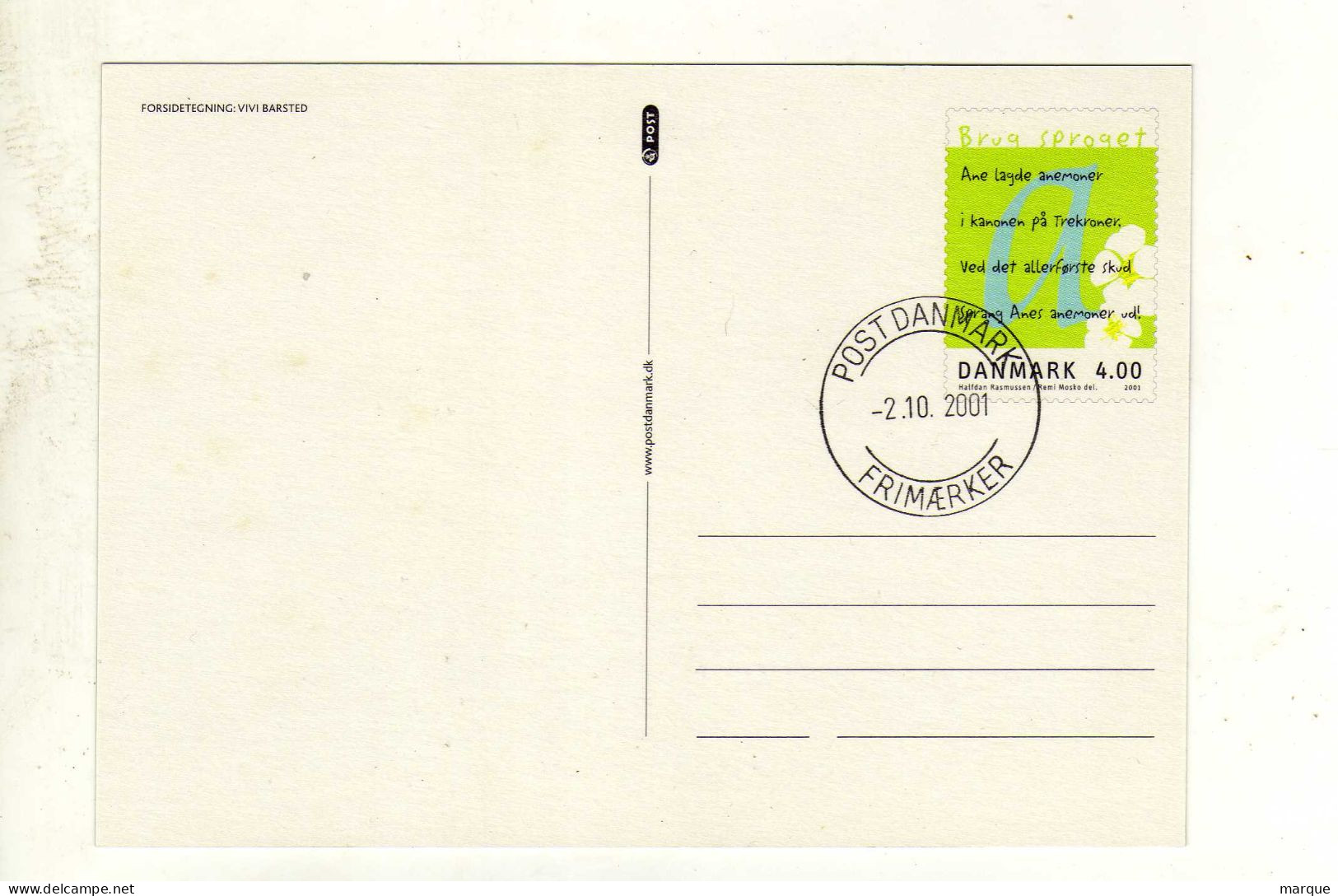 Entier Postal DANEMARK DANMARK Oblitération POST DANMARK 02/10/2001 - Ganzsachen