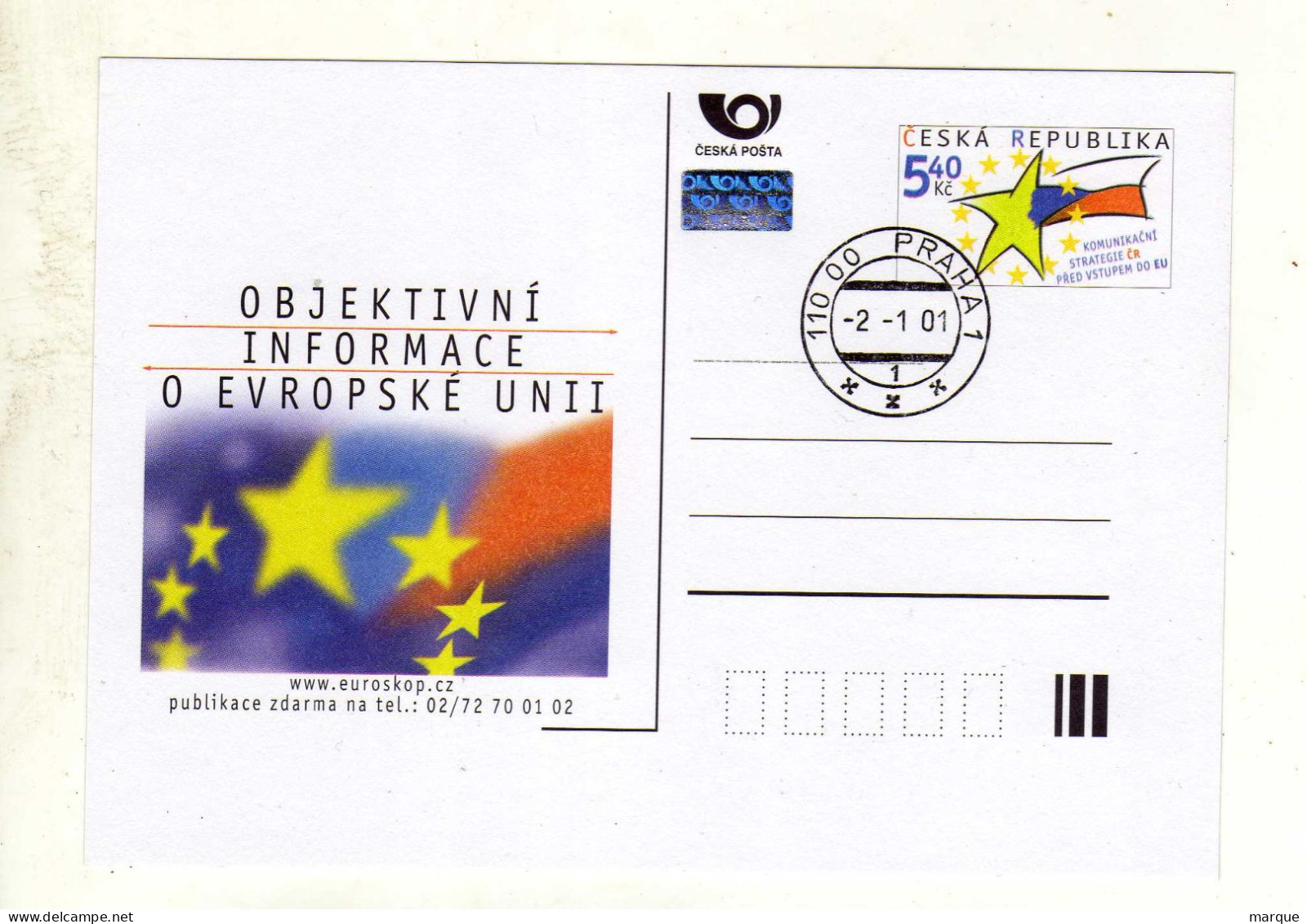 Entier Postal 1er Jour TCHEQUIE CESKA REPUBLIKA Oblitération 110 00 PRAHA 1 02/01/2001 - Ansichtskarten