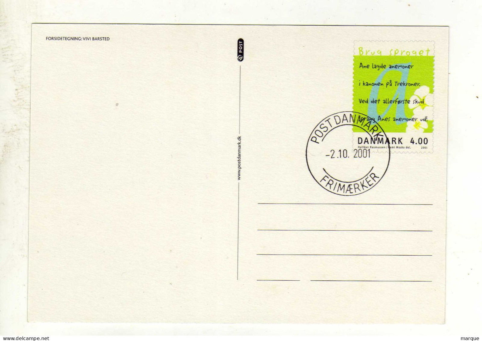 Entier Postal DANEMARK DANMARK Oblitération POST DANMARK 02/10/2001 - Ganzsachen