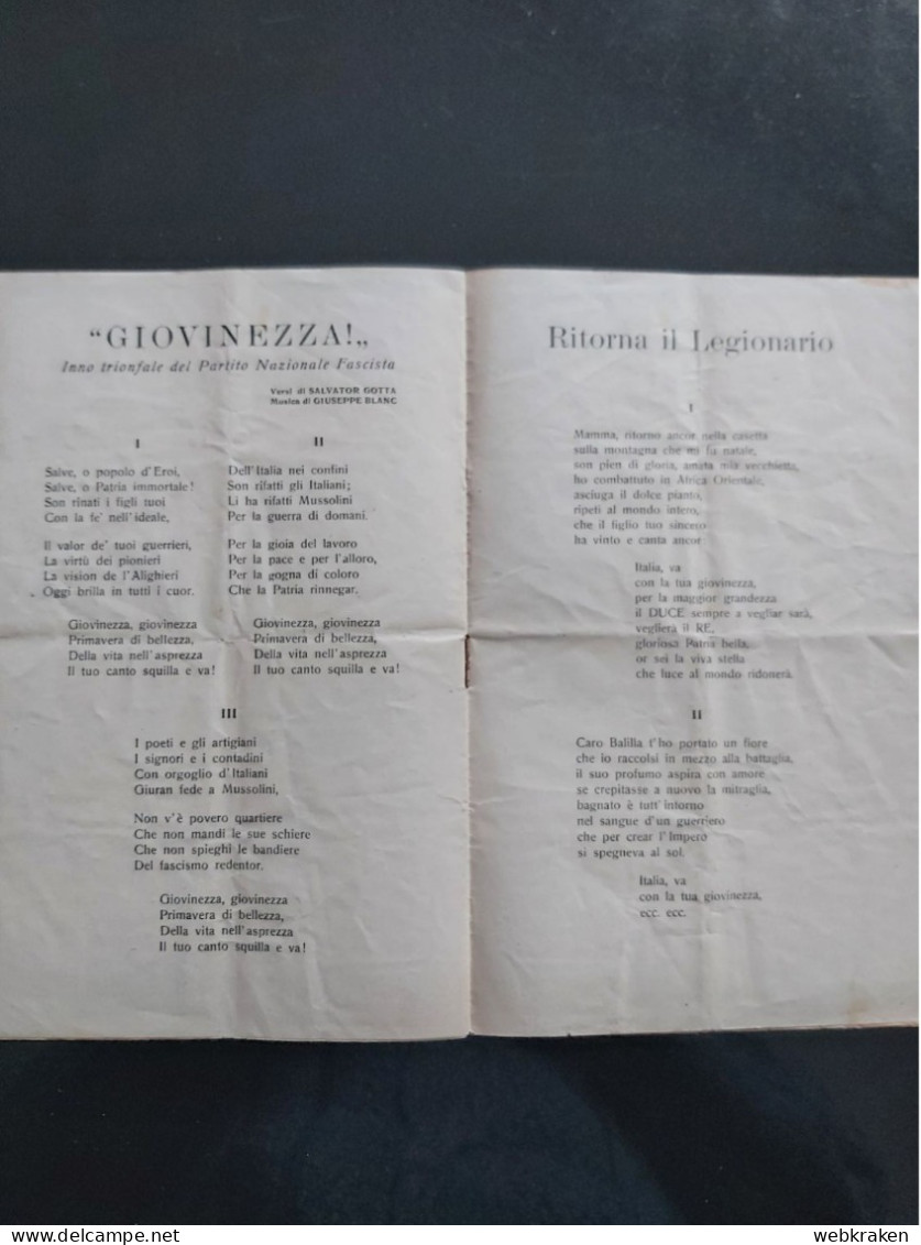 INSERTO INNI E CANTI DELLA PATRIA REGNO D'ITALIA GIL LITTORIO TRIESTE 1939 - Weltkrieg 1939-45