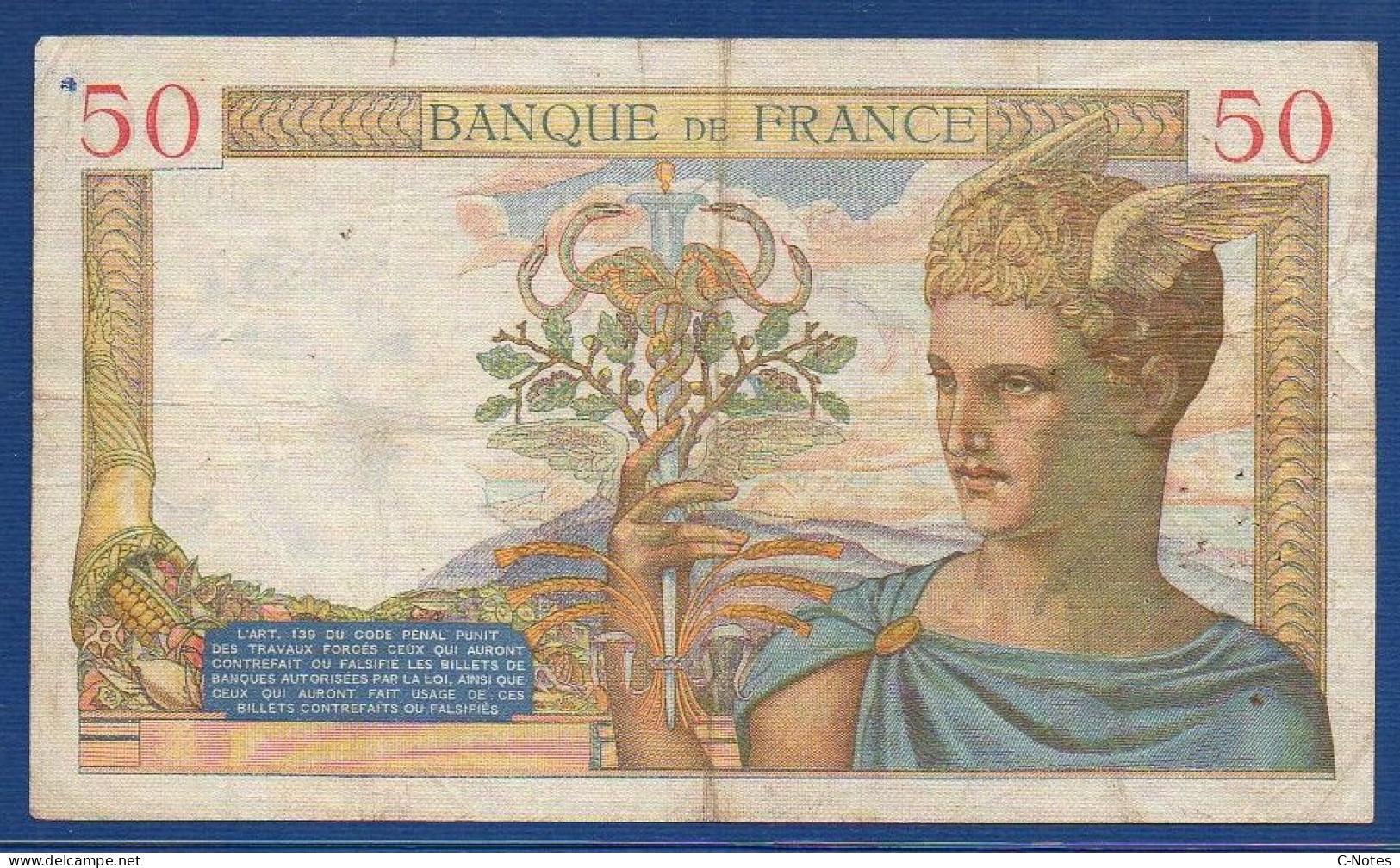 FRANCE - P. 81 – 50 Francs "Cérès" 04.07.1935 Circulated, F+, S/n U.2098 663 - 50 F 1934-1940 ''Cérès''