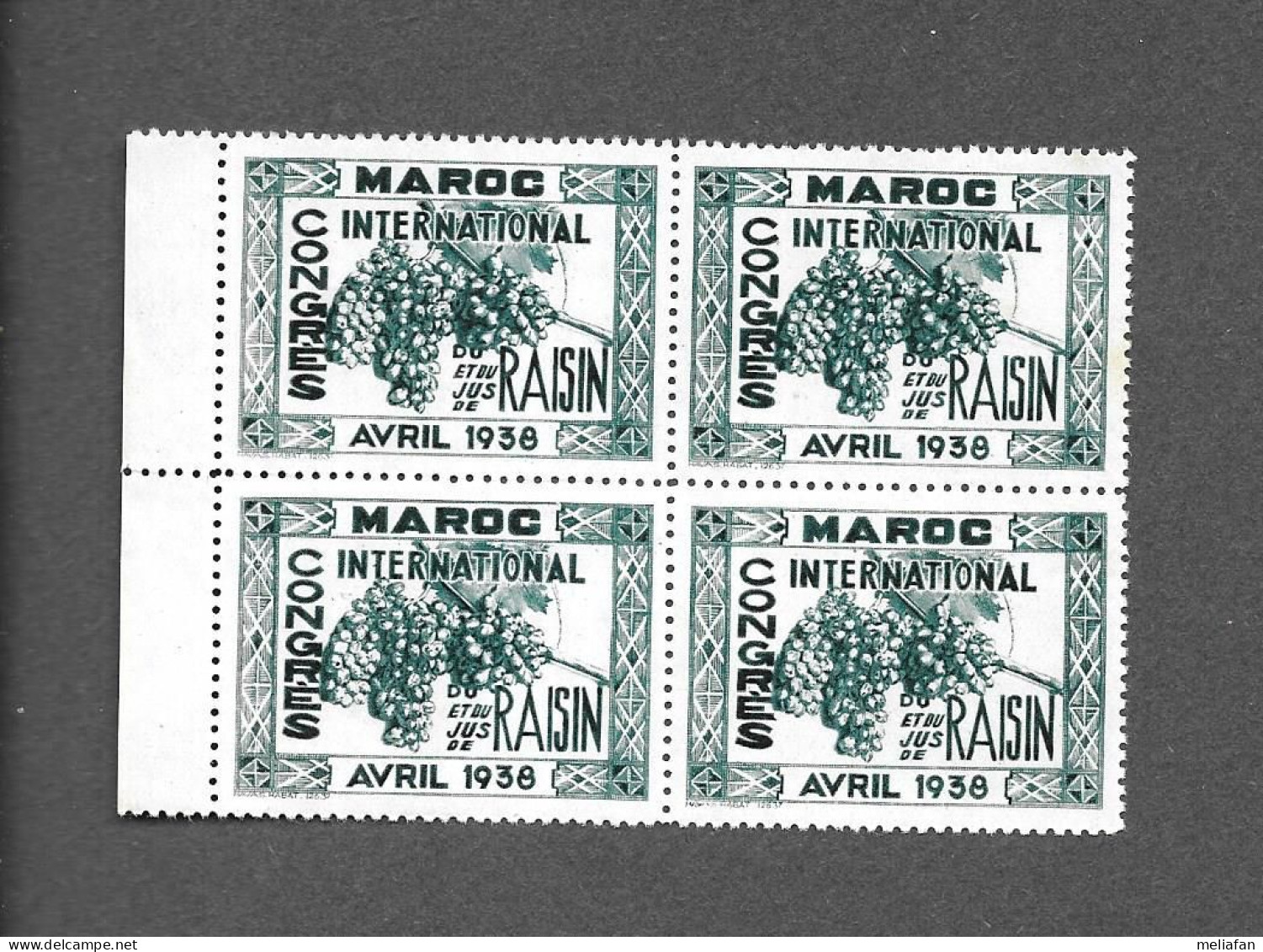 KB2346 - BLOC 4 VIGNETTES - CONRES INTERNATIONAL DU RAISIN - MAROC 1938 - GOMMEE SANS CHARNIERE BORD DE FEUILLE A GAUCHE - Andere & Zonder Classificatie