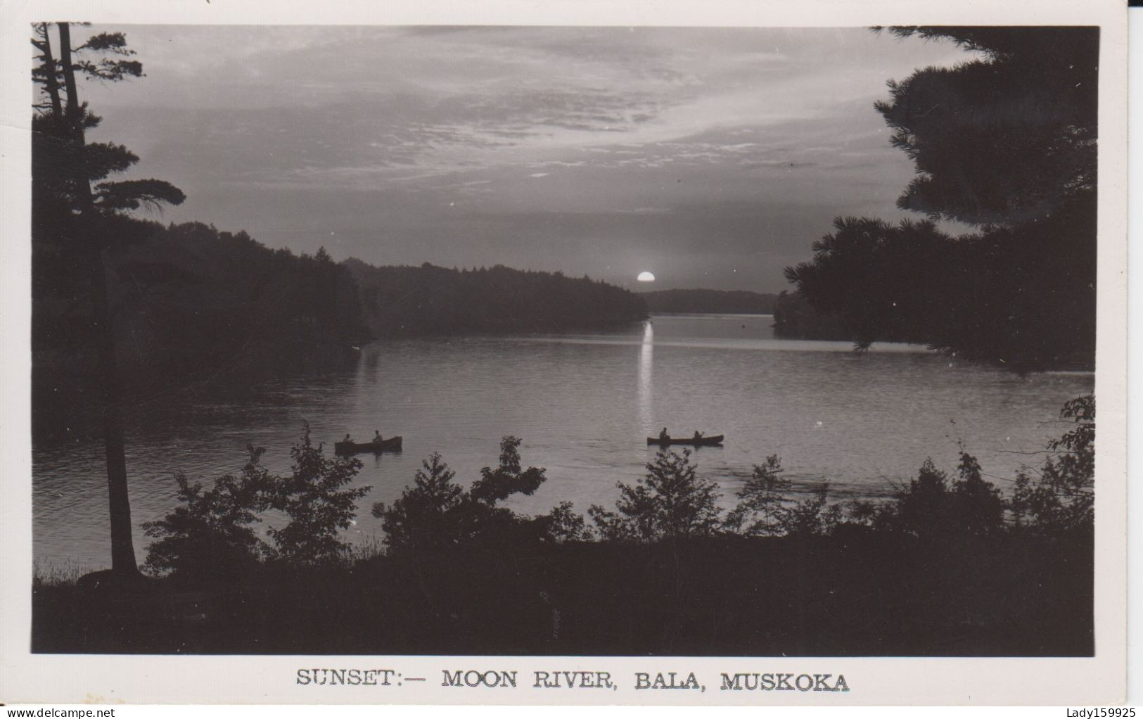 Sunset Moon River, Bala Muskoka Ontario Canada  Real Photo B&W CKC 1910-1962canoes, Reflection Of The Moon  2scan - Muskoka