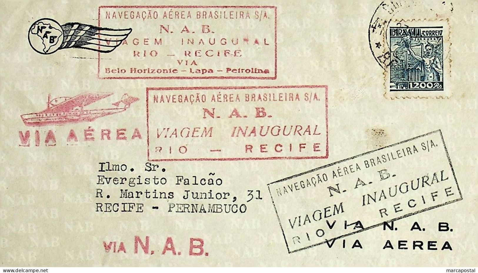 1942 Brasil / Brazil NAB 1.º Voo / First Flight Rio De Janeiro - Recife - Luftpost