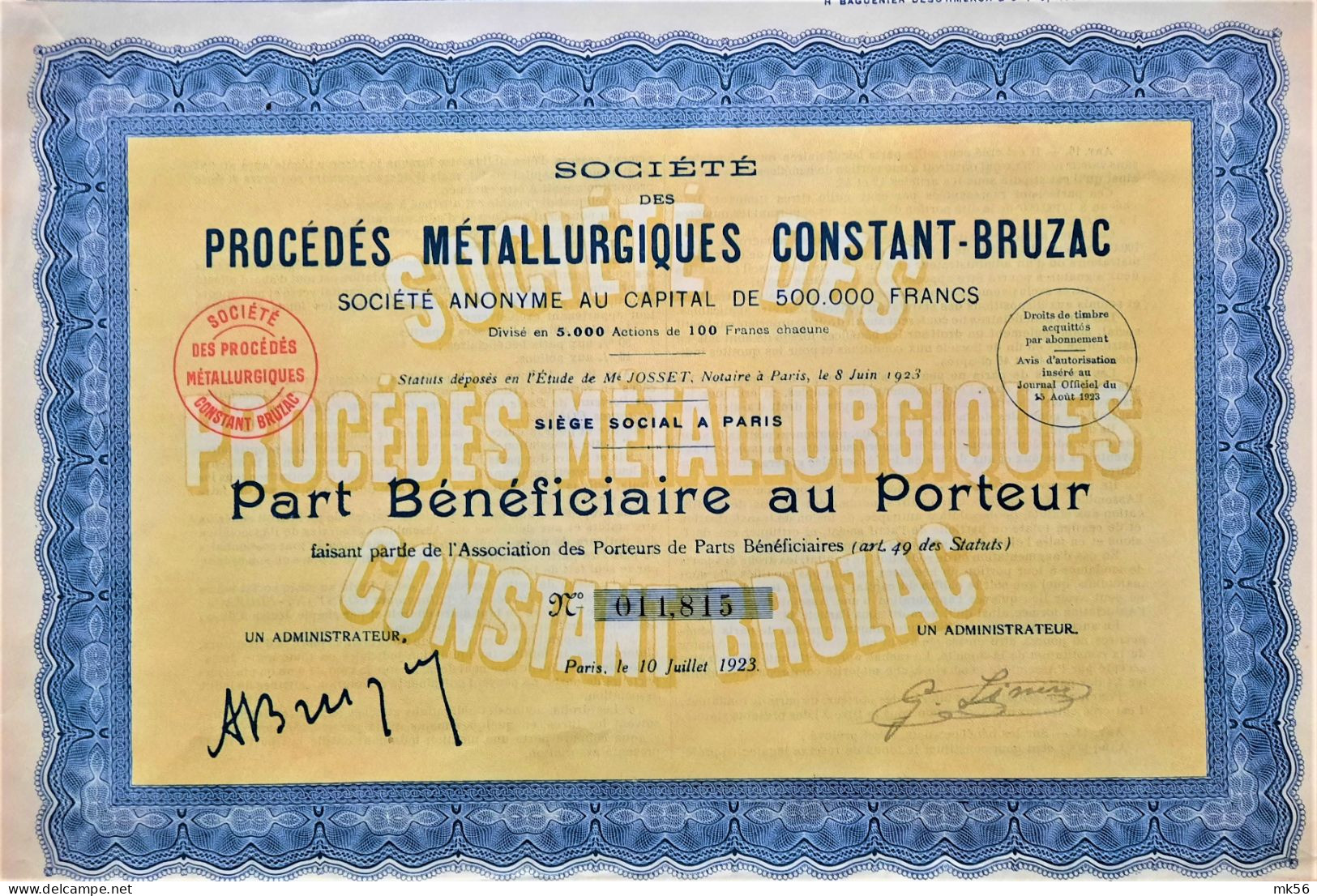 Société Des Procédés Métallurgiques Constant-bruzac (1923) - Paris - Railway & Tramway