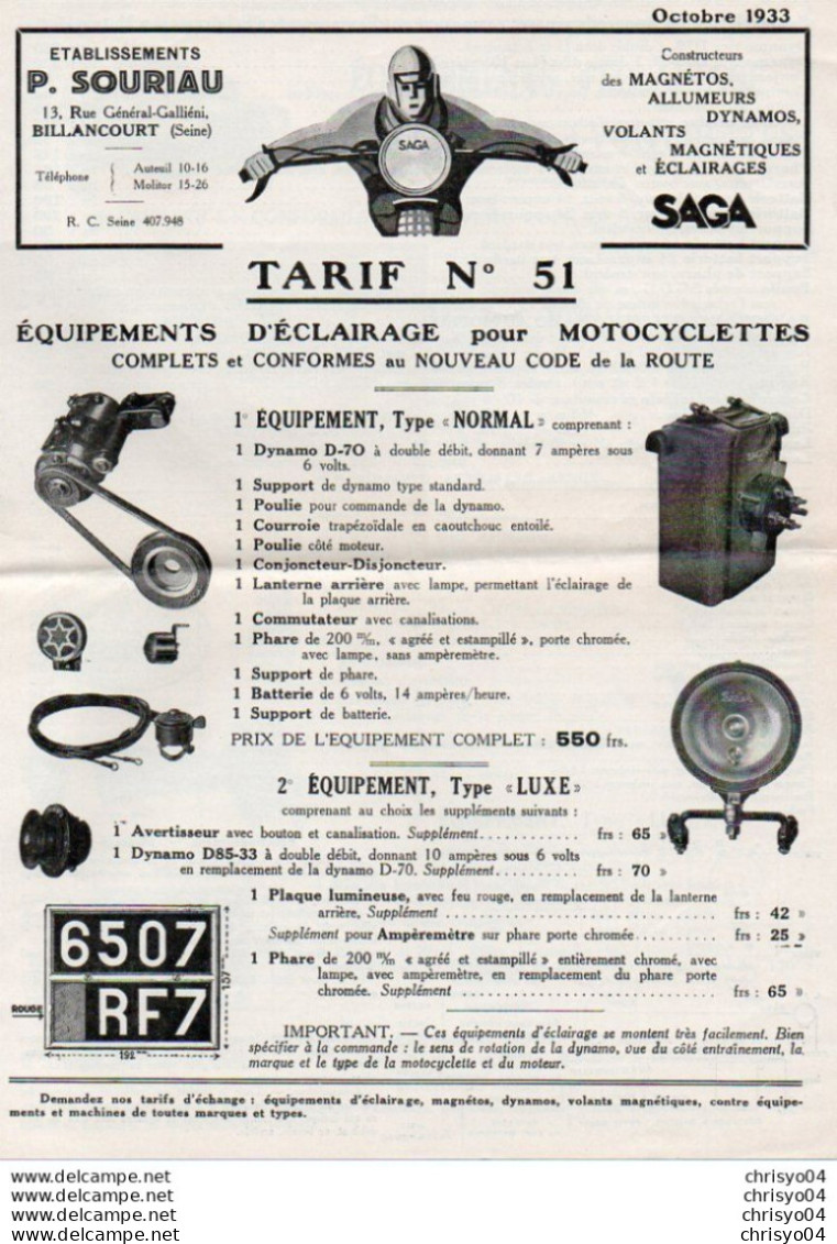 3V7z     Tarif équipements éclairage Magnétos Dynamos Saga Cyclecars Tacot Moto P. Sourian à Billancourt  1933 - Motorräder