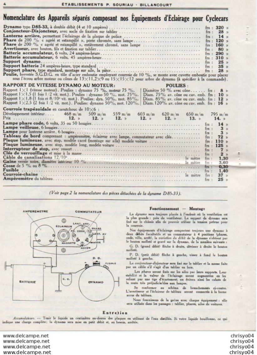 3V7z     Tarif équipements éclairage Magnétos Dynamos Saga Cyclecars Tacot Moto P. Sourian à Billancourt  1933 - Motorräder