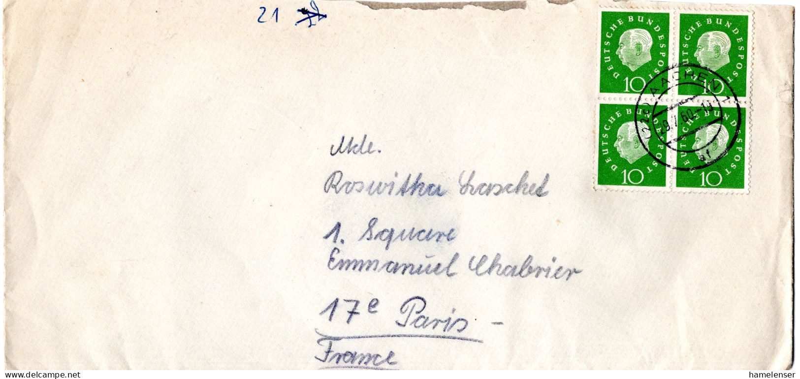 L75015 - Bund - 1960 - 10Pfg Heuss III (2 Waag Paare) A Bf AACHEN -> Frankreich - Lettres & Documents